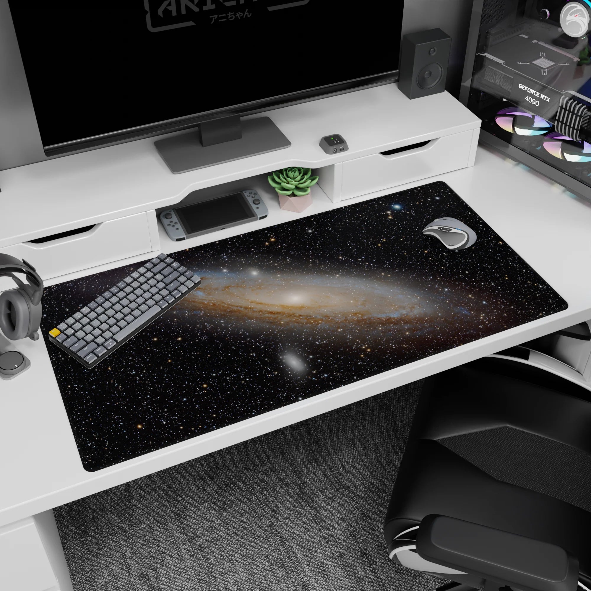 Galaxy-themed desk pad featuring spiral nebula design on dark sky, smooth surface, size 40x20 inches.