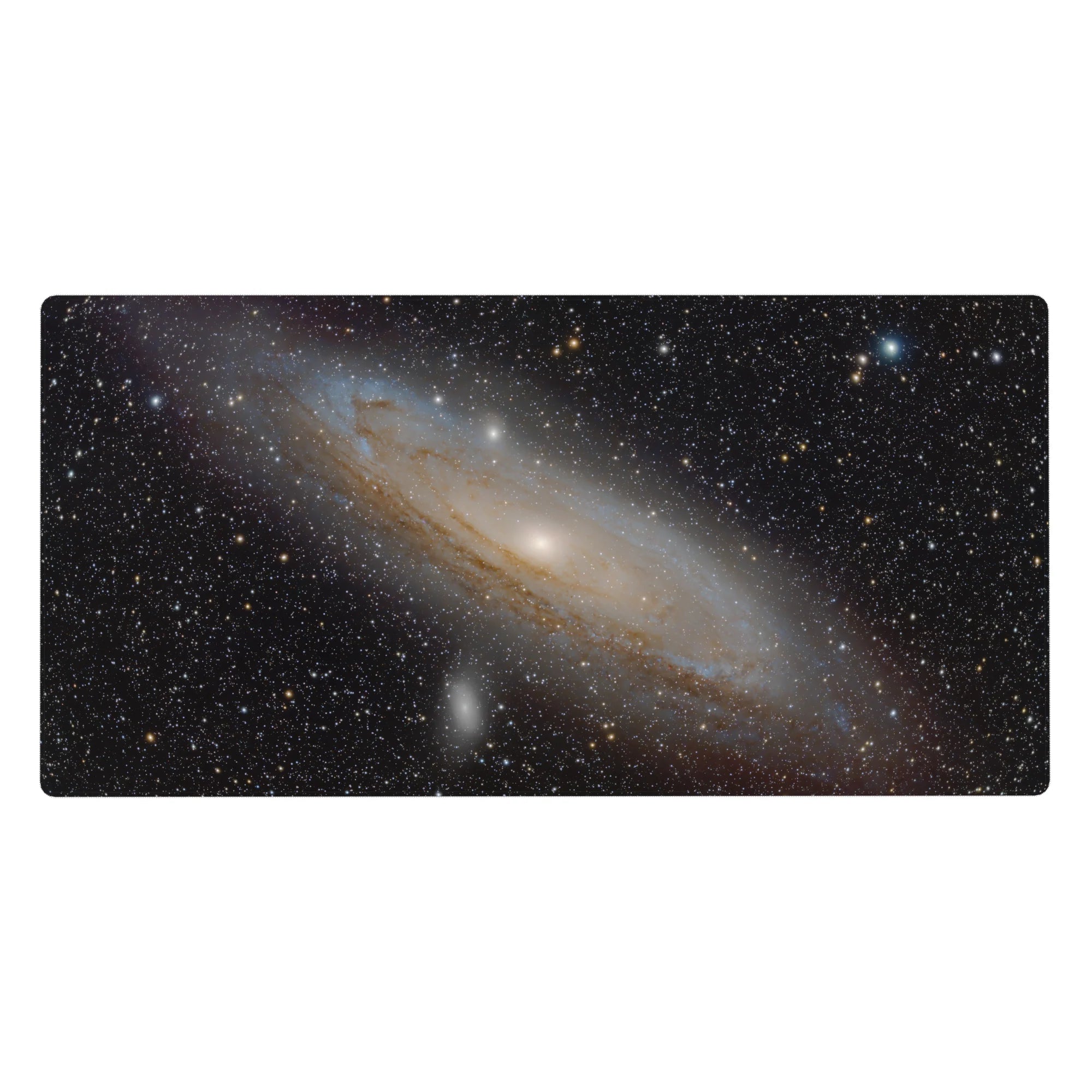 Galaxy-themed desk pad 40x20 inches with swirling nebula design and soft surface for smooth mouse movement.