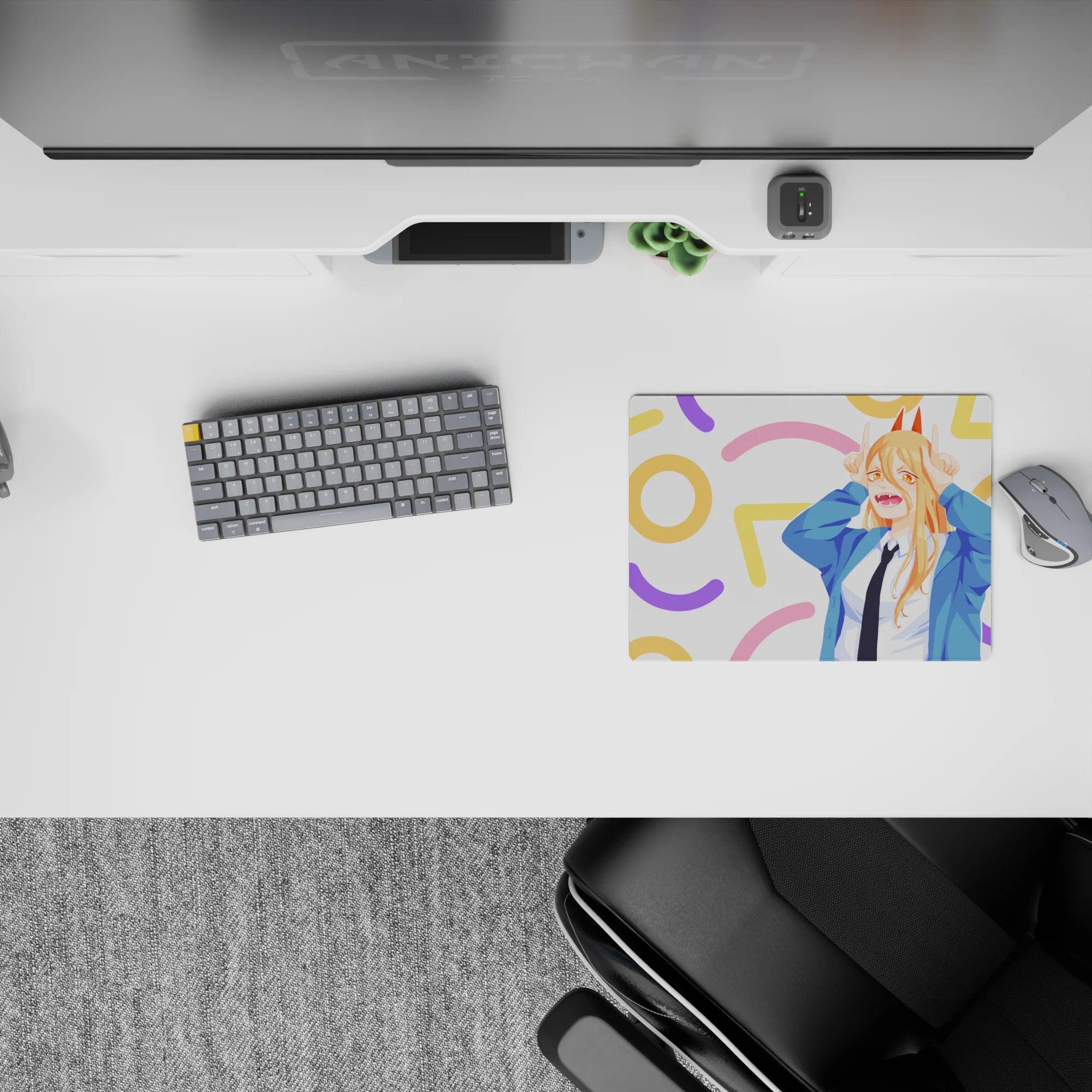 Anime mouse pad 14x10 inches featuring Power from Chainsaw Man with fangs, horns, and pastel confetti background.