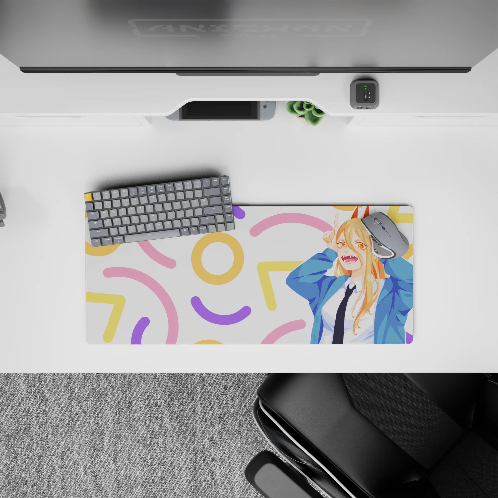 Anime mouse pad 28x12 inches featuring Power from Chainsaw Man, with a colorful pastel confetti backdrop for fans.