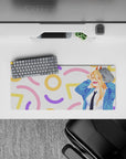 Anime mouse pad 28x12 inches featuring Power from Chainsaw Man, with a colorful pastel confetti backdrop for fans.