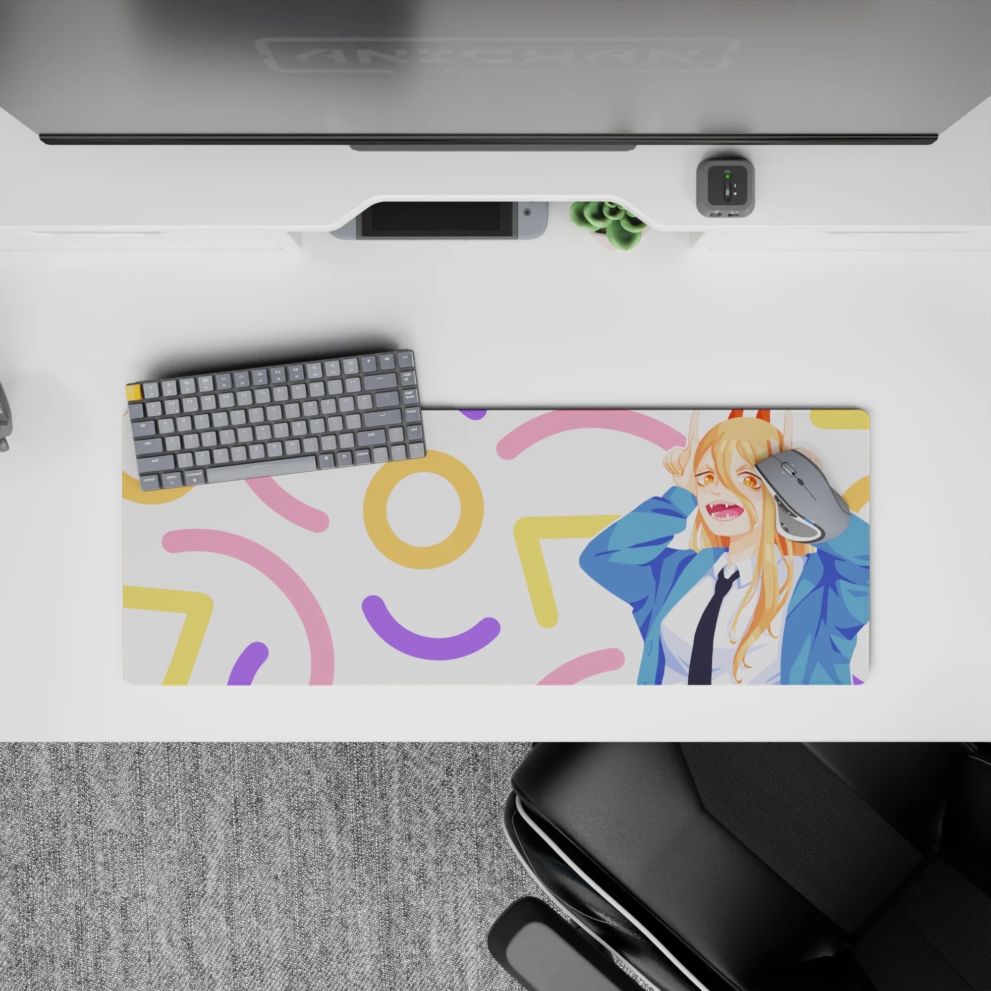 Anime mouse pad 32x12 inches featuring Power from Chainsaw Man, with pastel confetti background and vibrant colors.