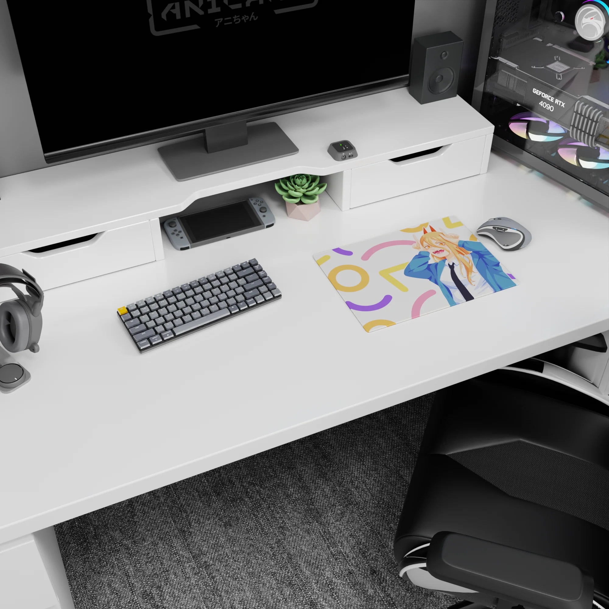 Anime mouse pad featuring Power from Chainsaw Man with pastel confetti background, size 14x10 inches.