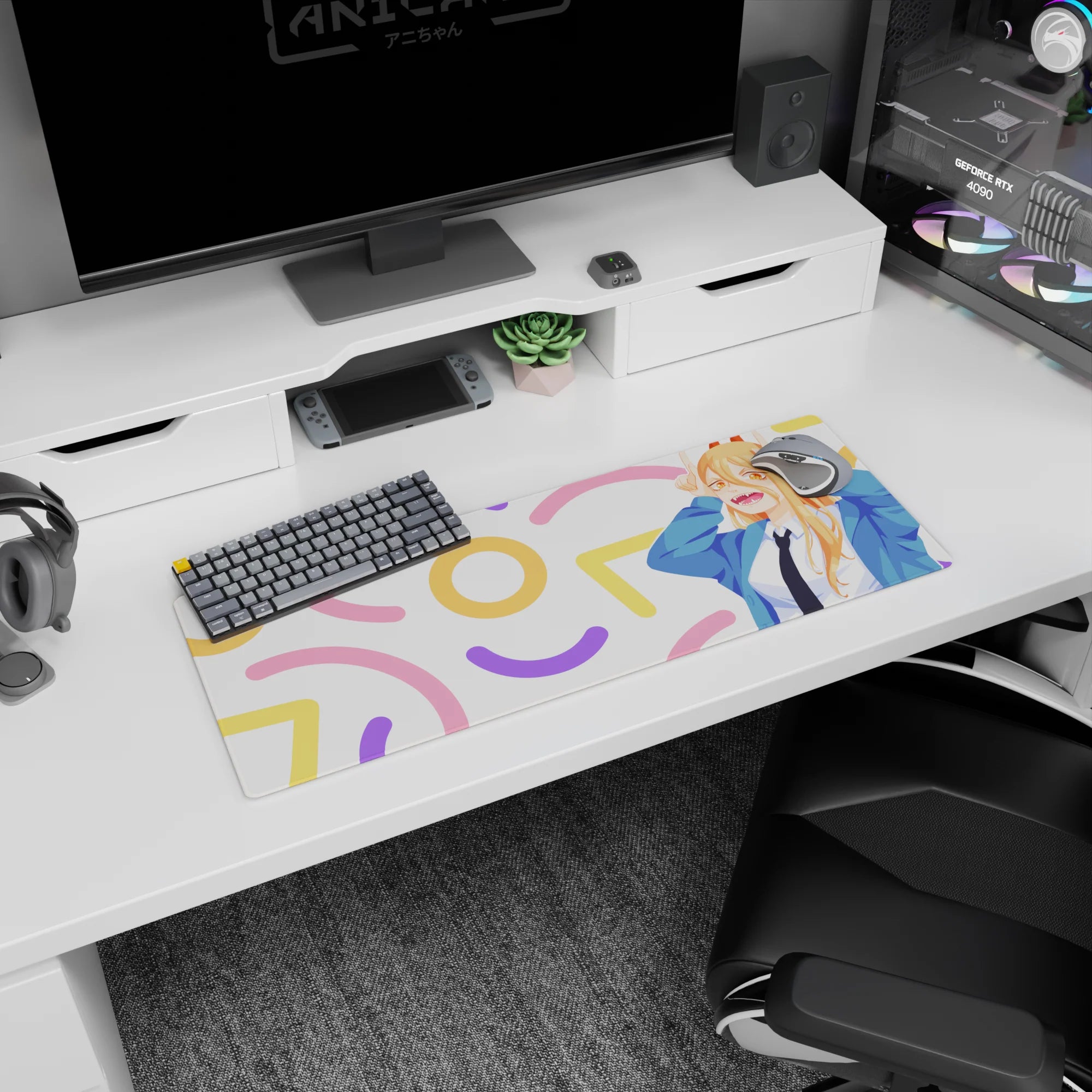 Anime mouse pad 32x12 inches featuring Power from Chainsaw Man in chaotic glory with pastel confetti background.