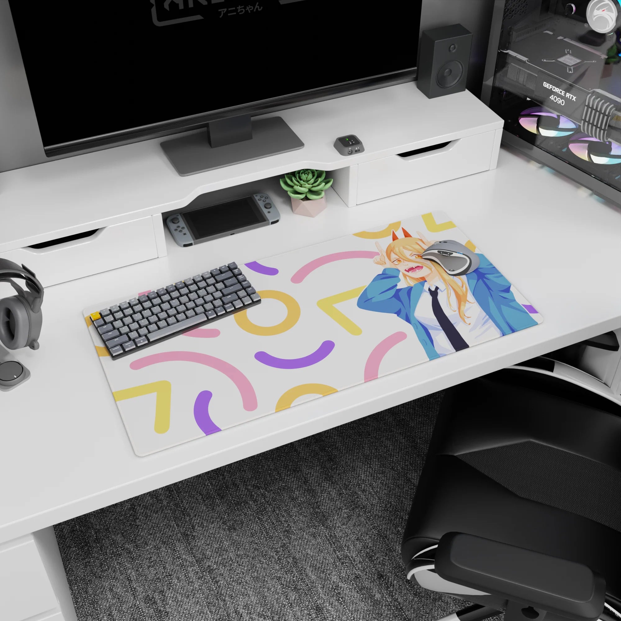 Anime mouse pad 32x16 inches featuring Power from Chainsaw Man with pastel confetti background, fangs bared, horns up.