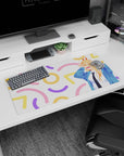 Anime mouse pad 32x16 inches featuring Power from Chainsaw Man with pastel confetti background, fangs bared, horns up.