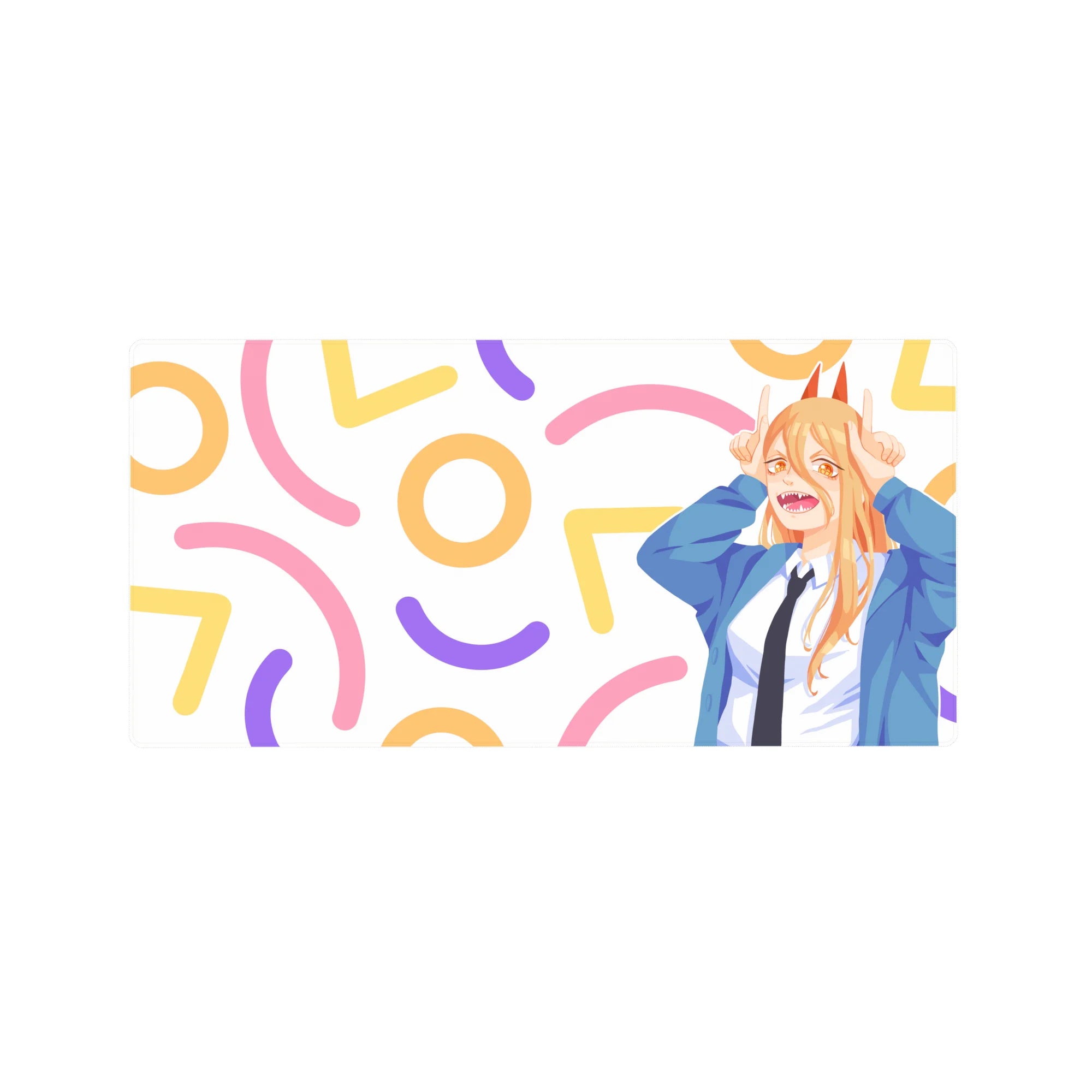 Anime mouse pad 32x16 inches featuring Power from Chainsaw Man, with pastel confetti background and vibrant colors.