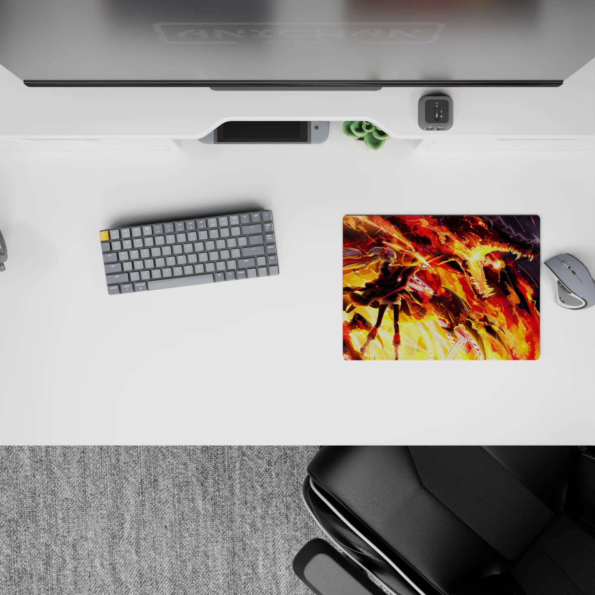 14x10 inches anime girl mouse pad in orange, gold, and crimson with high-contrast cinematic heat.