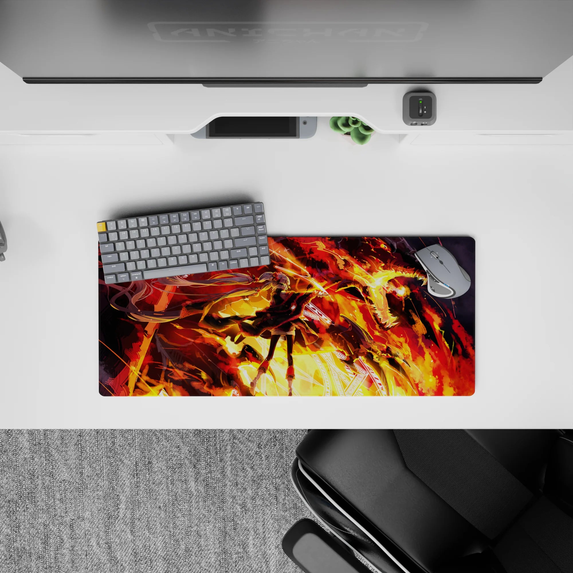 High-contrast orange, gold, and crimson anime girl mouse pad 28x12 inches with fiery, victory-night vibe.