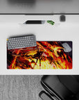 High-contrast orange, gold, and crimson anime girl mouse pad 28x12 inches with fiery, victory-night vibe.