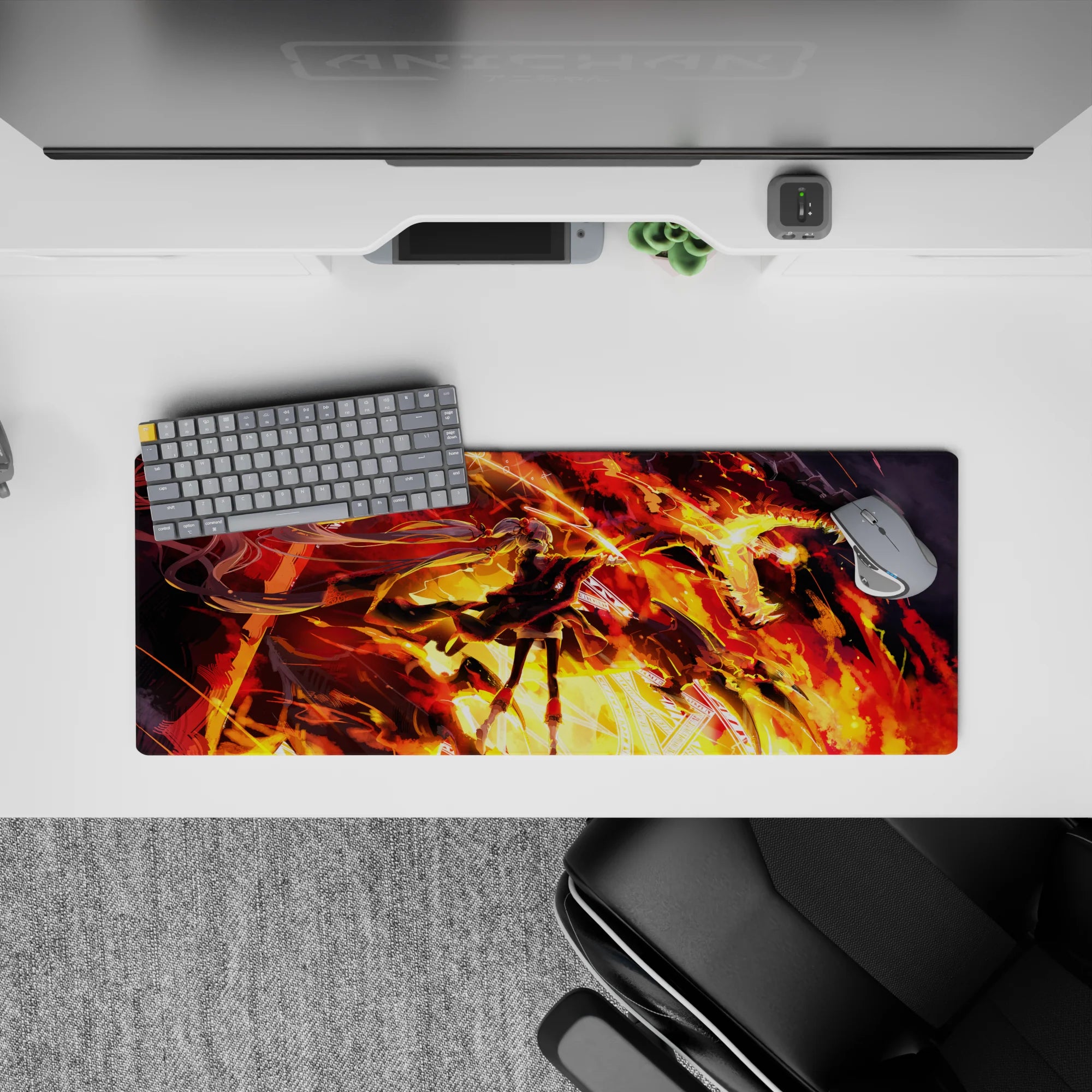 Fiery orange, gold, and crimson anime girl mouse pad 32x12 inches with cinematic high-contrast action vibe.