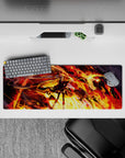 Fiery orange, gold, and crimson anime girl mouse pad 32x12 inches with cinematic high-contrast action vibe.