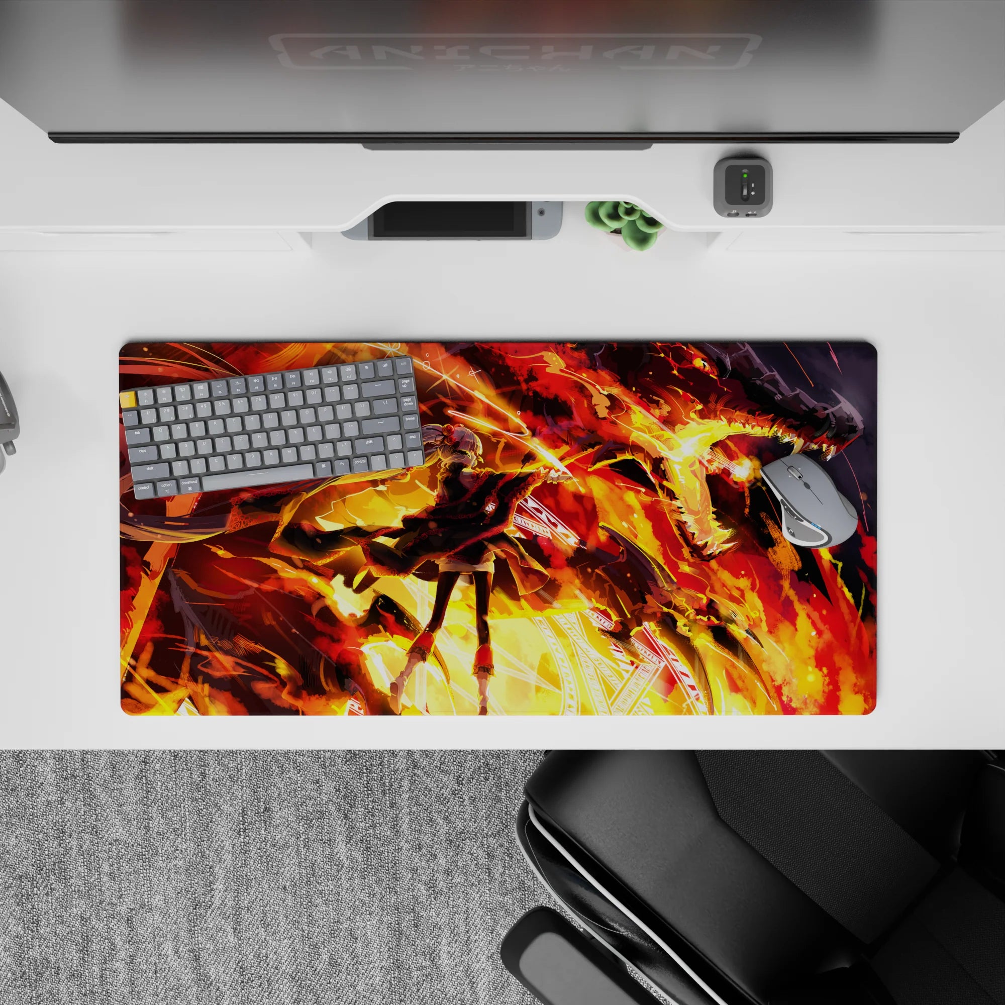 32x16 inches anime girl mouse pad in orange, gold, and crimson firelight with high-contrast pop.