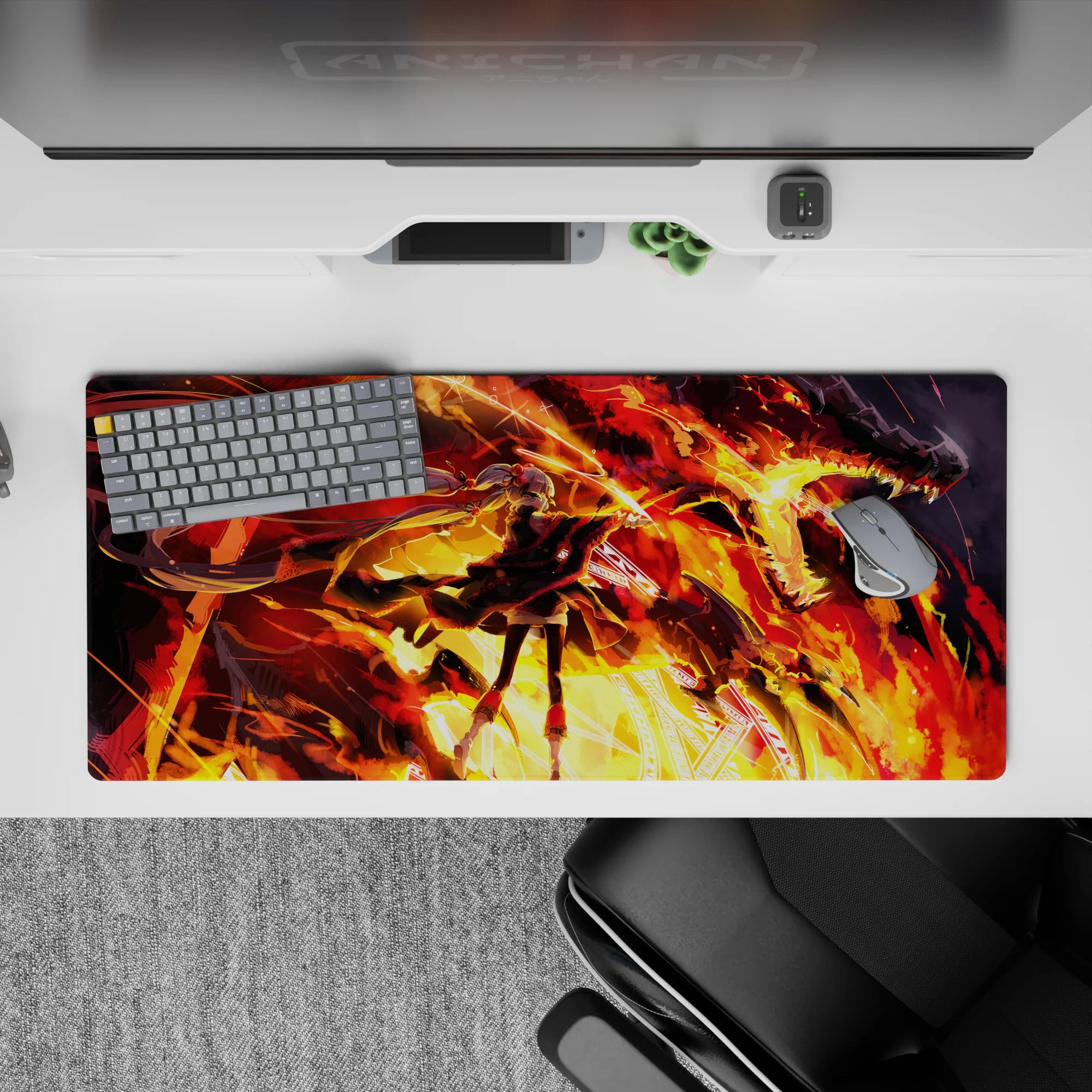 High-contrast orange, gold, and crimson anime desk pad 36x16 inches, fiery sparks and action vibe.