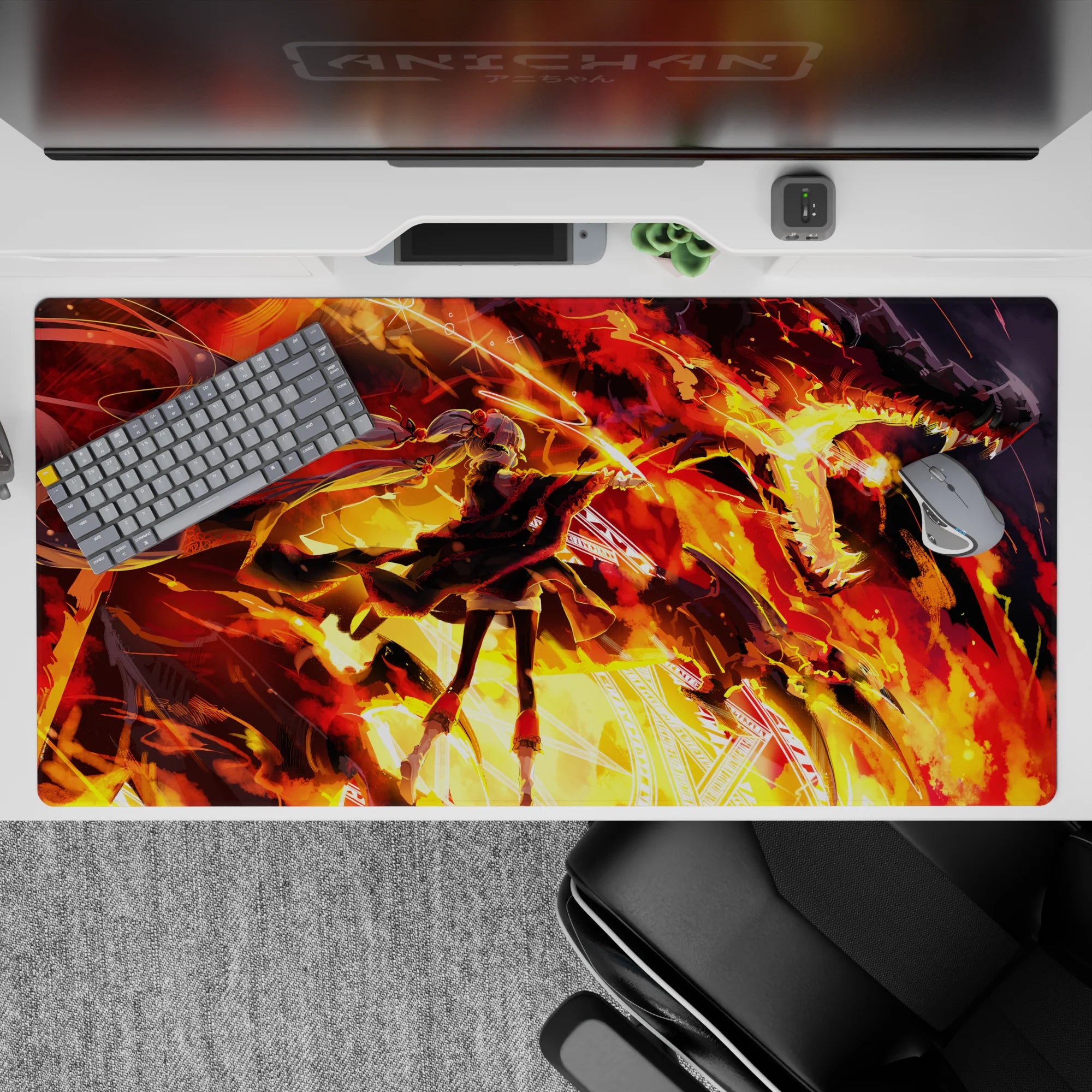 40x20 inches anime desk pad in orange, gold, and crimson firelight with bold high-contrast chaos.