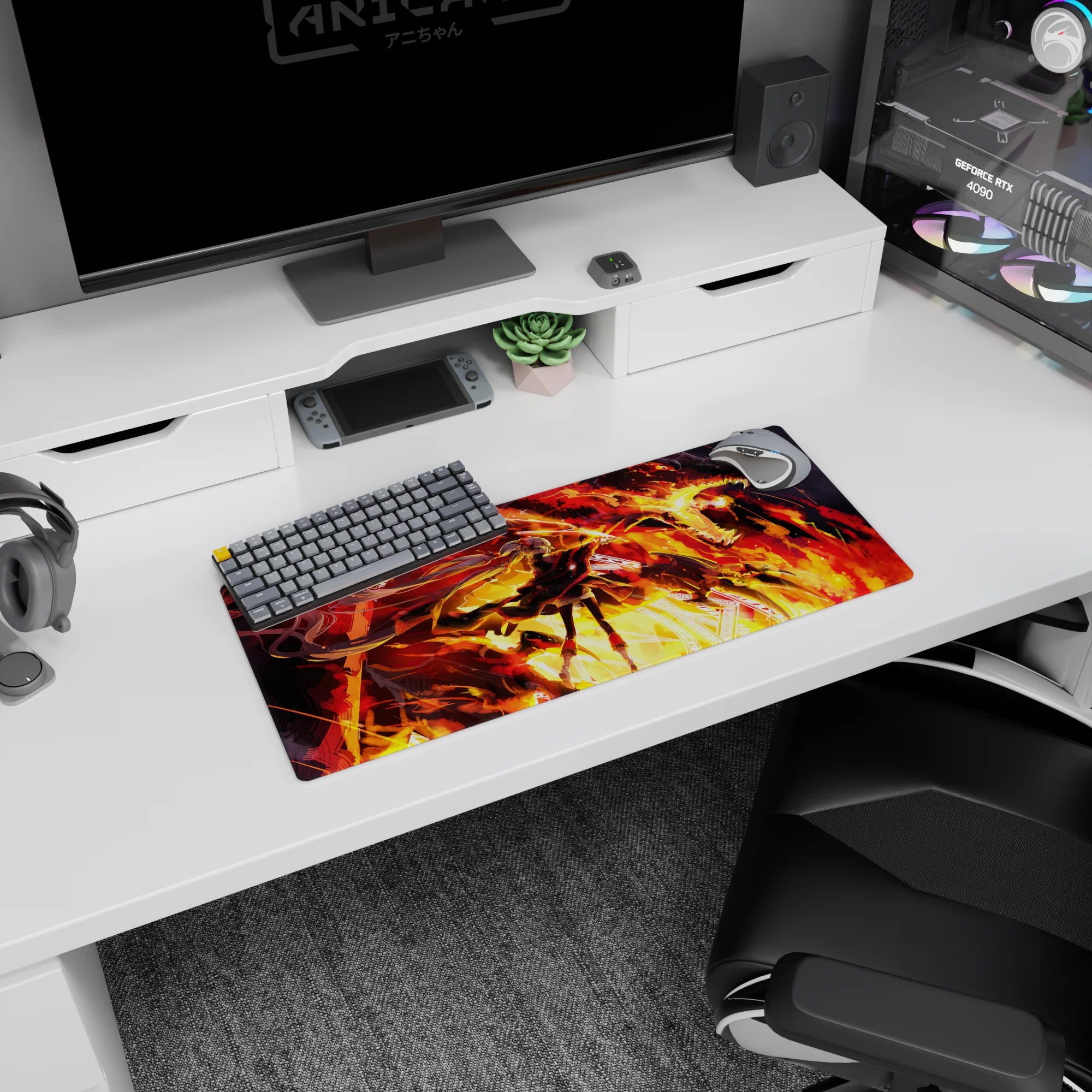 Fearless anime girl with streaming twin tails under a fire-breathing dragon mouse pad 28x12 inches.