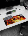 Fearless anime girl with streaming twin tails under a fire-breathing dragon mouse pad 28x12 inches.