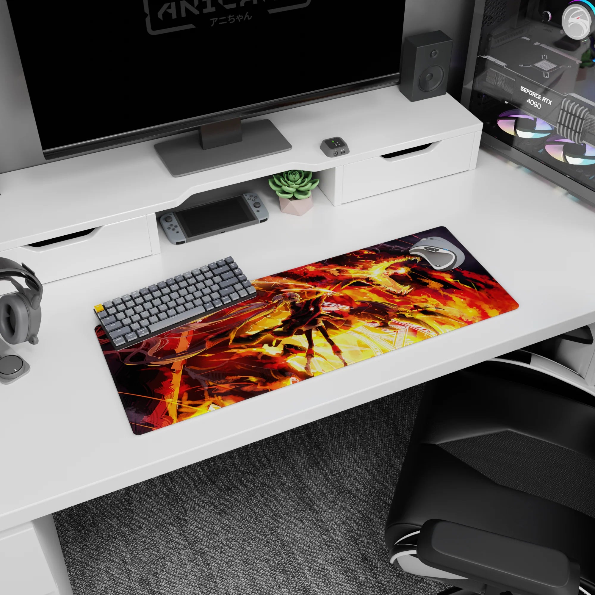 Fearless twin-tailed anime girl facing a blazing dragon, sparks flying, on a 32x12 inches extended mouse pad.