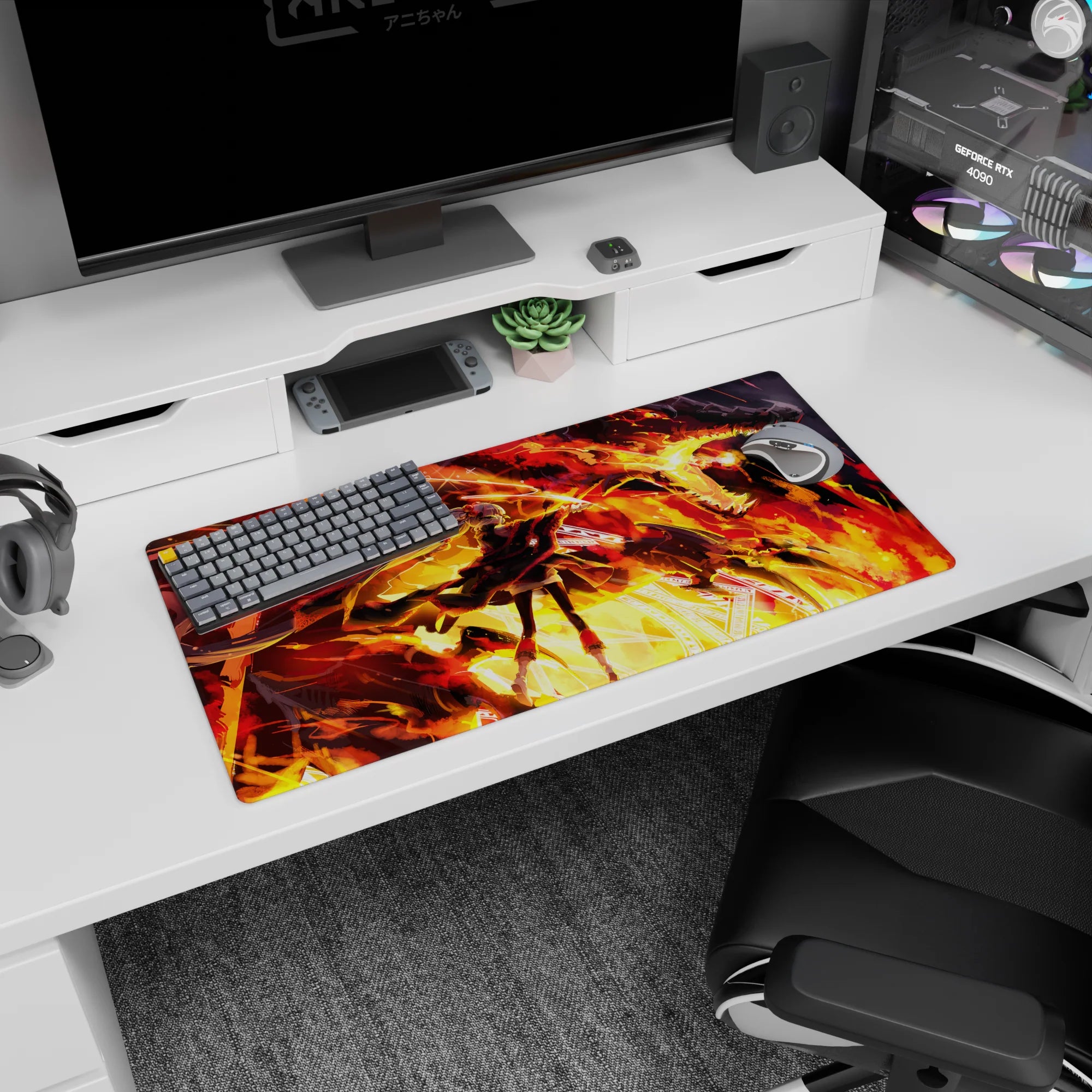Anime girl mouse pad 32x16 inches showing fierce twin-tail heroine under a blazing dragon, sparks flying.