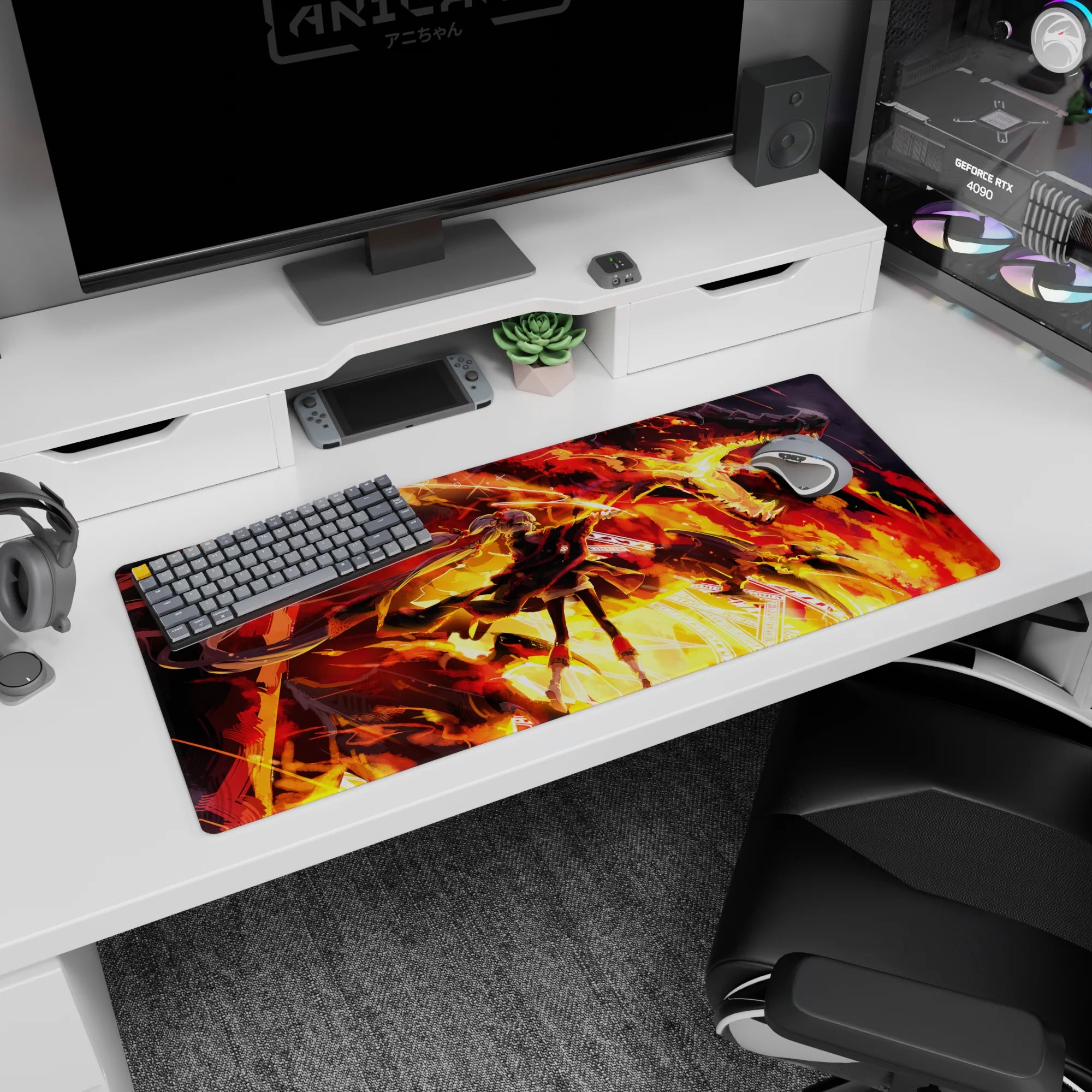 Twin-tailed anime girl in a dark coat beneath a roaring dragon, desk pad 36x16 inches scene art.