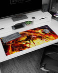 Twin-tailed anime girl in a dark coat beneath a roaring dragon, desk pad 36x16 inches scene art.