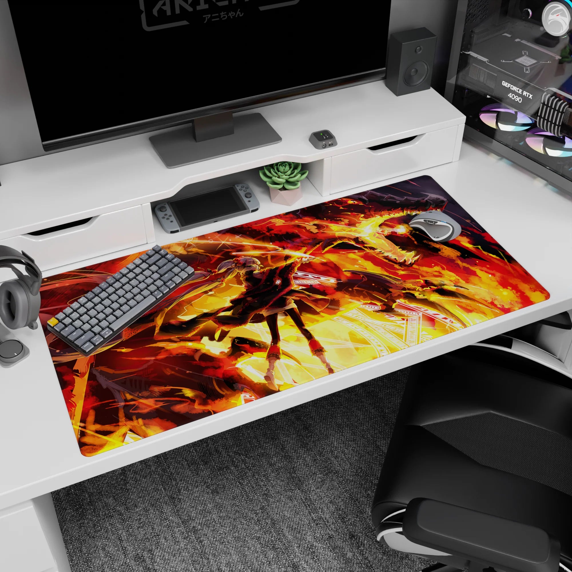 40x20 inches desk pad featuring fierce twin-tailed anime girl under an overhead fire dragon, sparks flying.