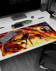40x20 inches desk pad featuring fierce twin-tailed anime girl under an overhead fire dragon, sparks flying.