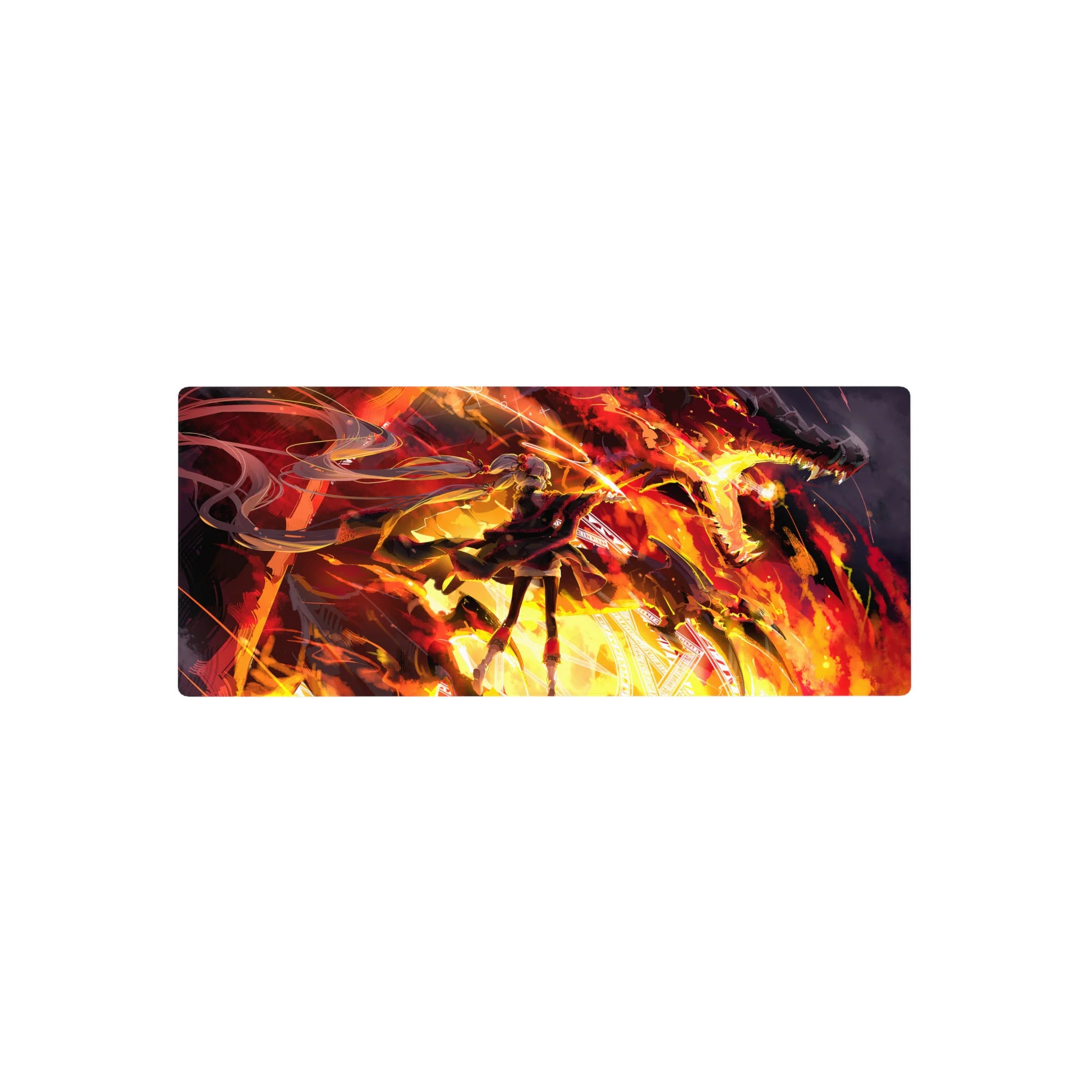 Anime girl mouse pad 28x12 inches with twin-tail warrior and blazing dragon overhead, cinematic action art.