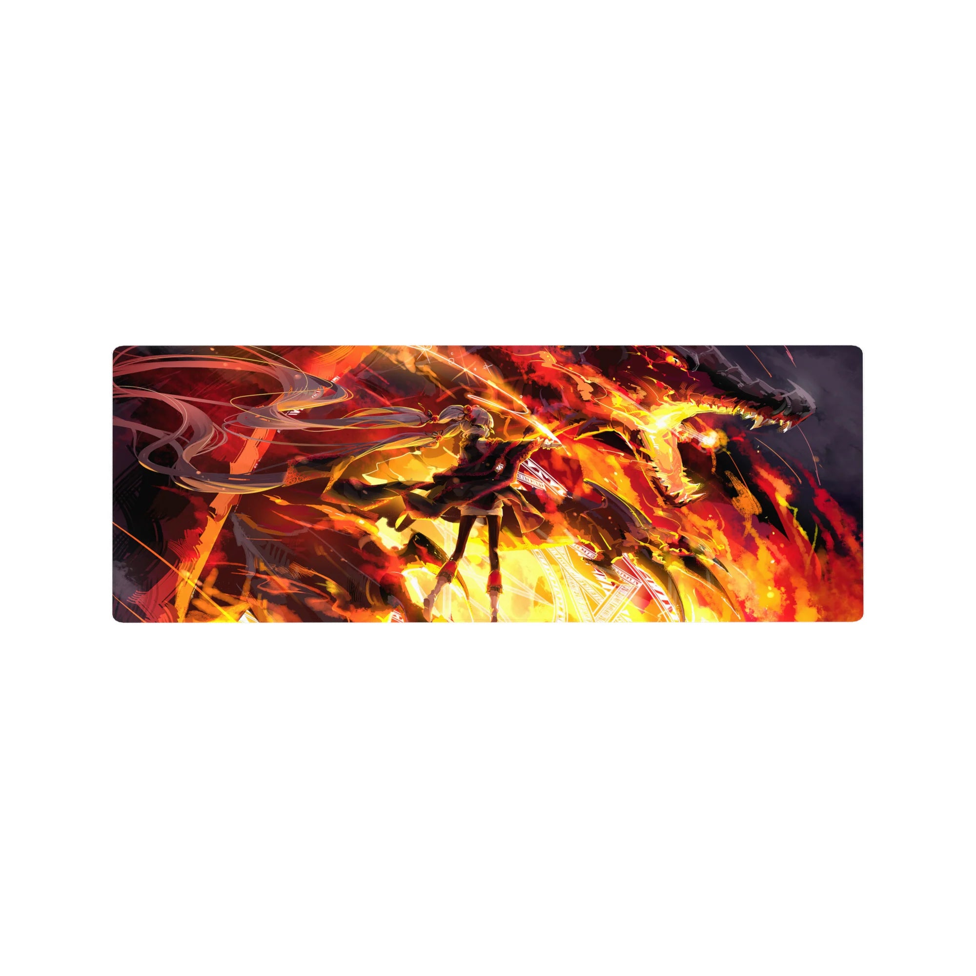 Anime girl mouse pad 32x12 inches with twin-tail heroine, flaring coat, and dragon overhead in bold detail.