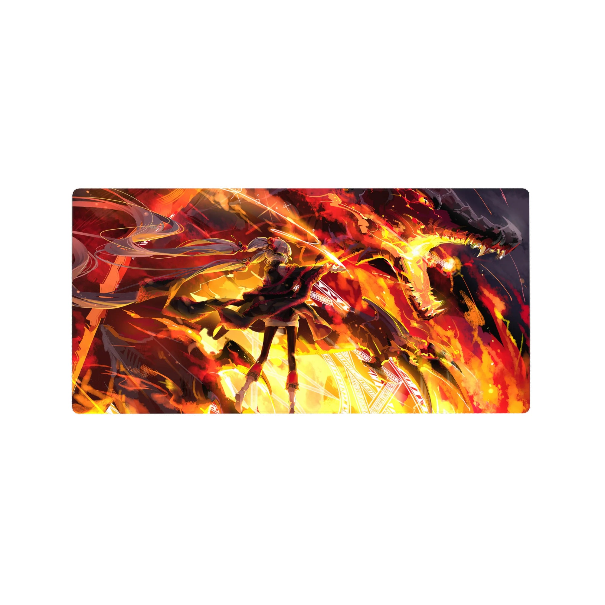 Anime girl mouse pad 32x16 inches with twin-tail warrior and flaming dragon in bold cinematic art.