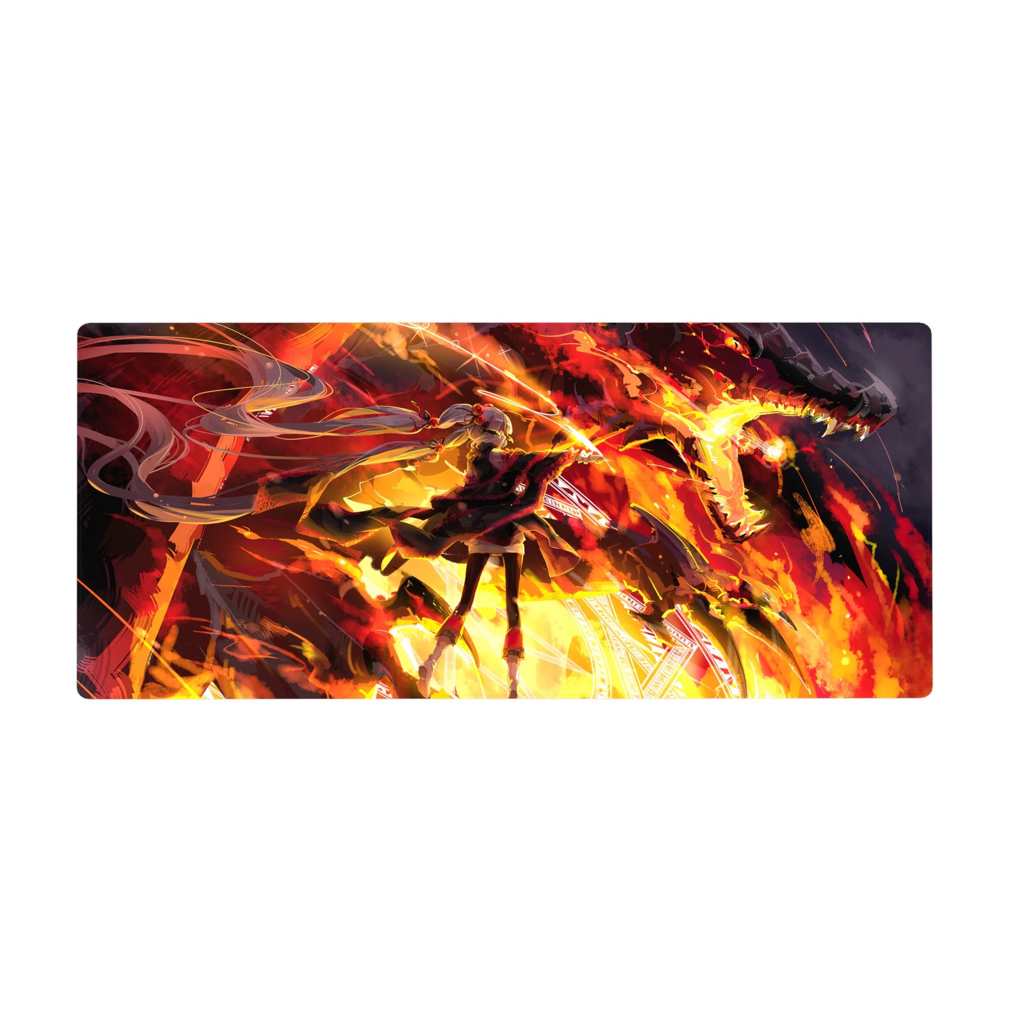 Anime girl desk pad 36x16 inches with twin-tail warrior and blazing dragon in bold, cinematic firelight.