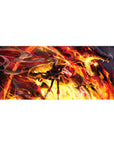 Anime girl desk pad 36x16 inches with twin-tail warrior and blazing dragon in bold, cinematic firelight.