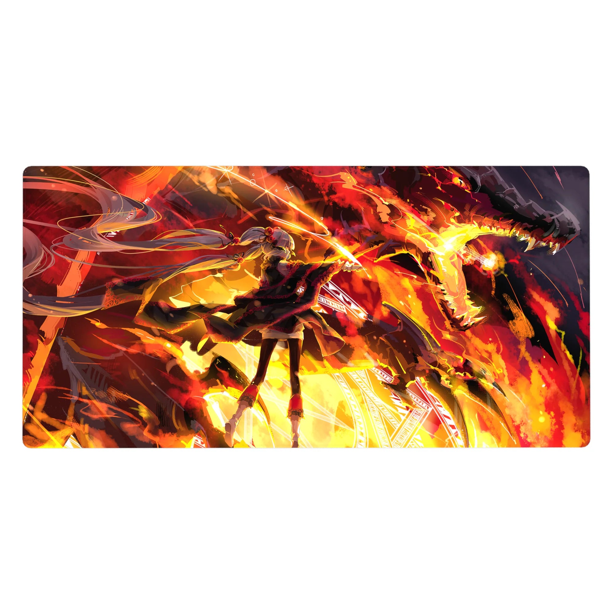 40x20 inches anime girl desk pad with twin-tail warrior and blazing dragon in fiery cinematic artwork.