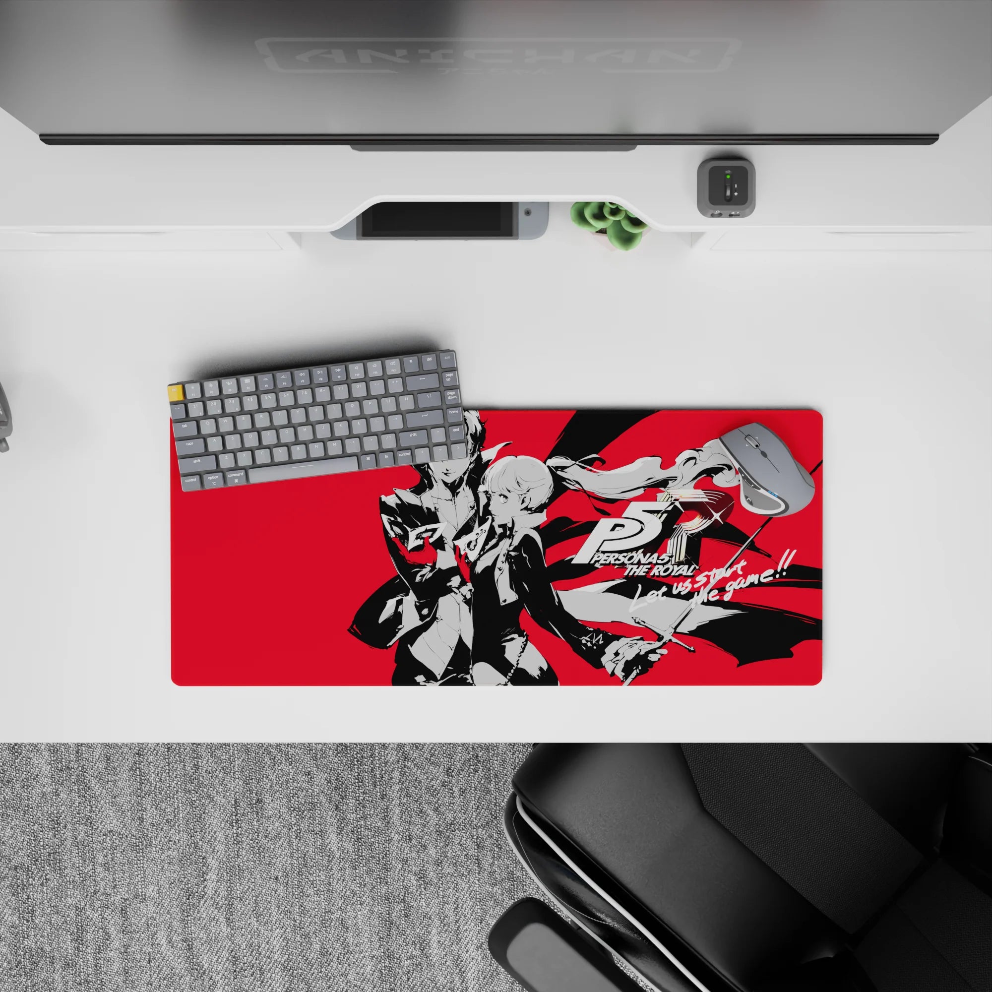 Persona 5 Royal mouse pad featuring Joker and Kasumi, 28x12 inches. Bold red background, iconic characters, dynamic energy.