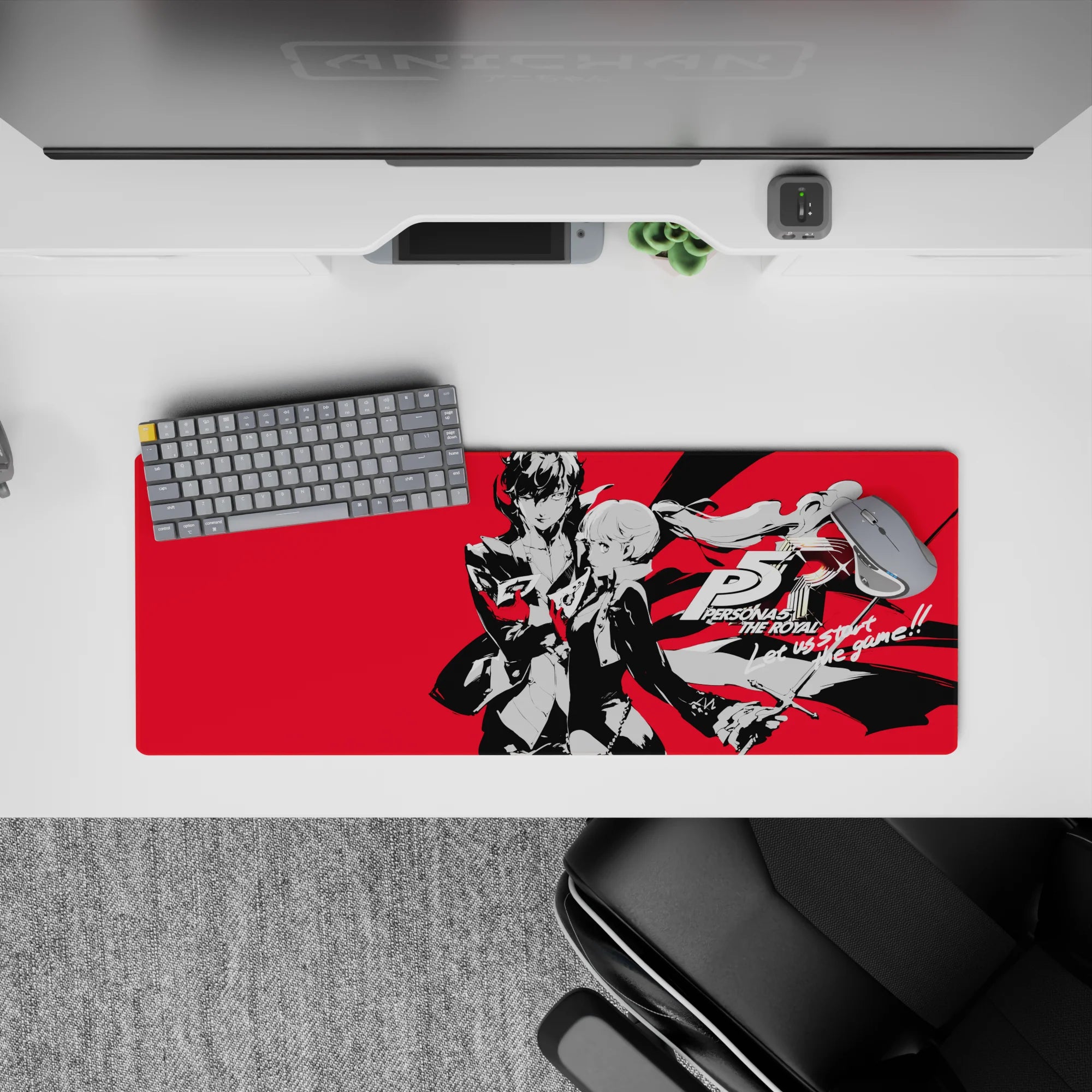 Persona 5 Royal mouse pad featuring Joker and Kasumi, 32x12 inches, with striking red background, perfect for gamers.