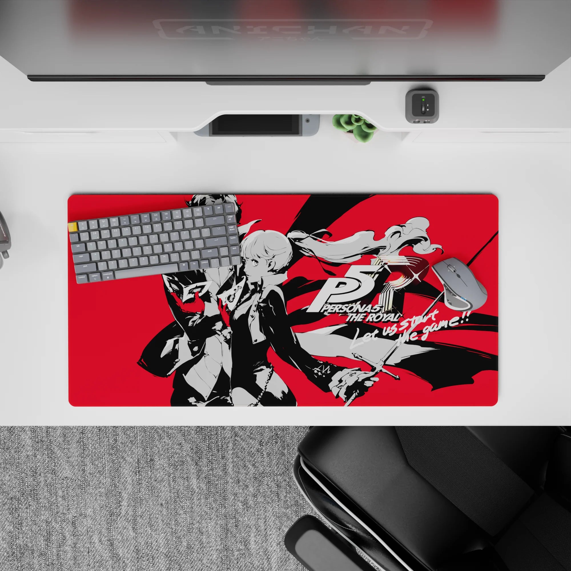 Anime mouse pad 32x16 inches featuring Joker and Kasumi from Persona 5 Royal, with bold black shadows and red accents.