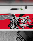 Desk pad 36x16 inches featuring Joker and Kasumi from Persona 5 Royal on a vibrant red background, perfect for gaming.