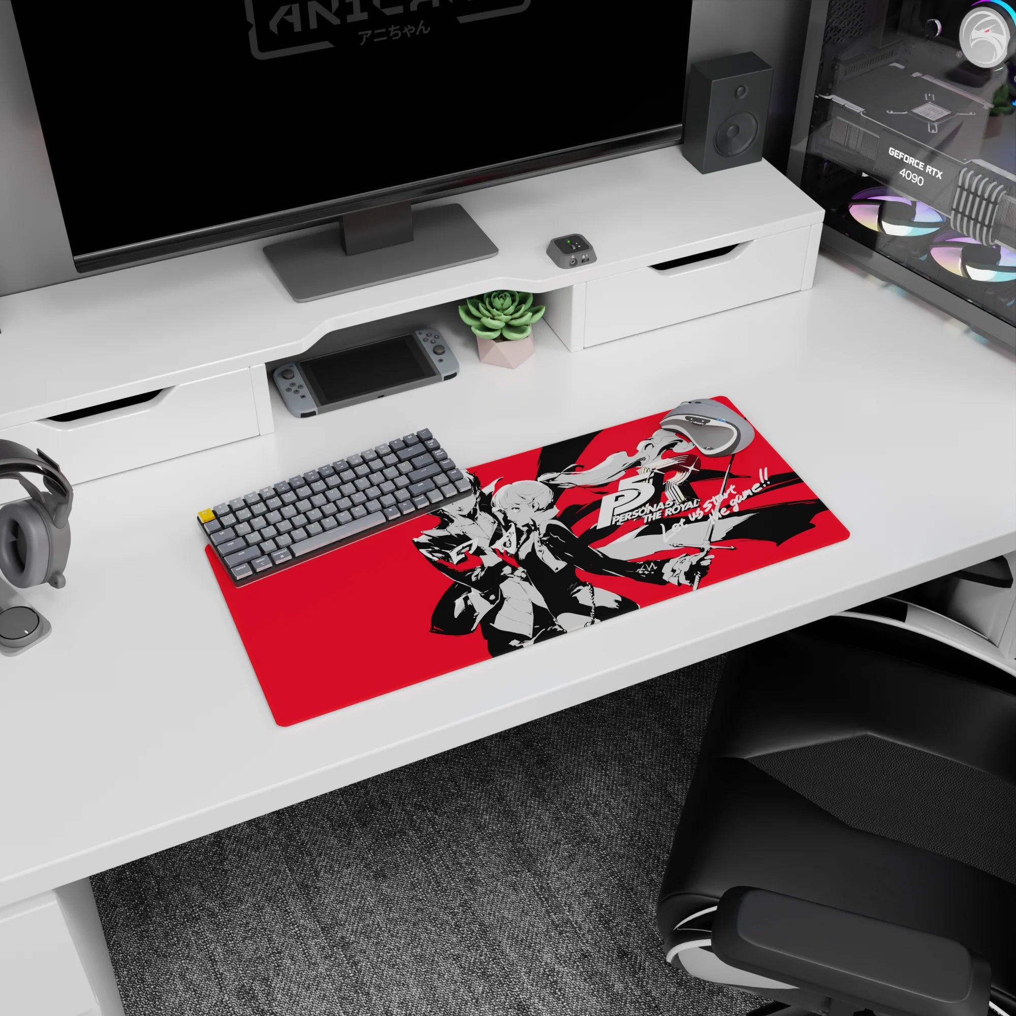 Anime mouse pad 28x12 inches featuring Joker and Kasumi from Persona 5 Royal, with striking red and black design.