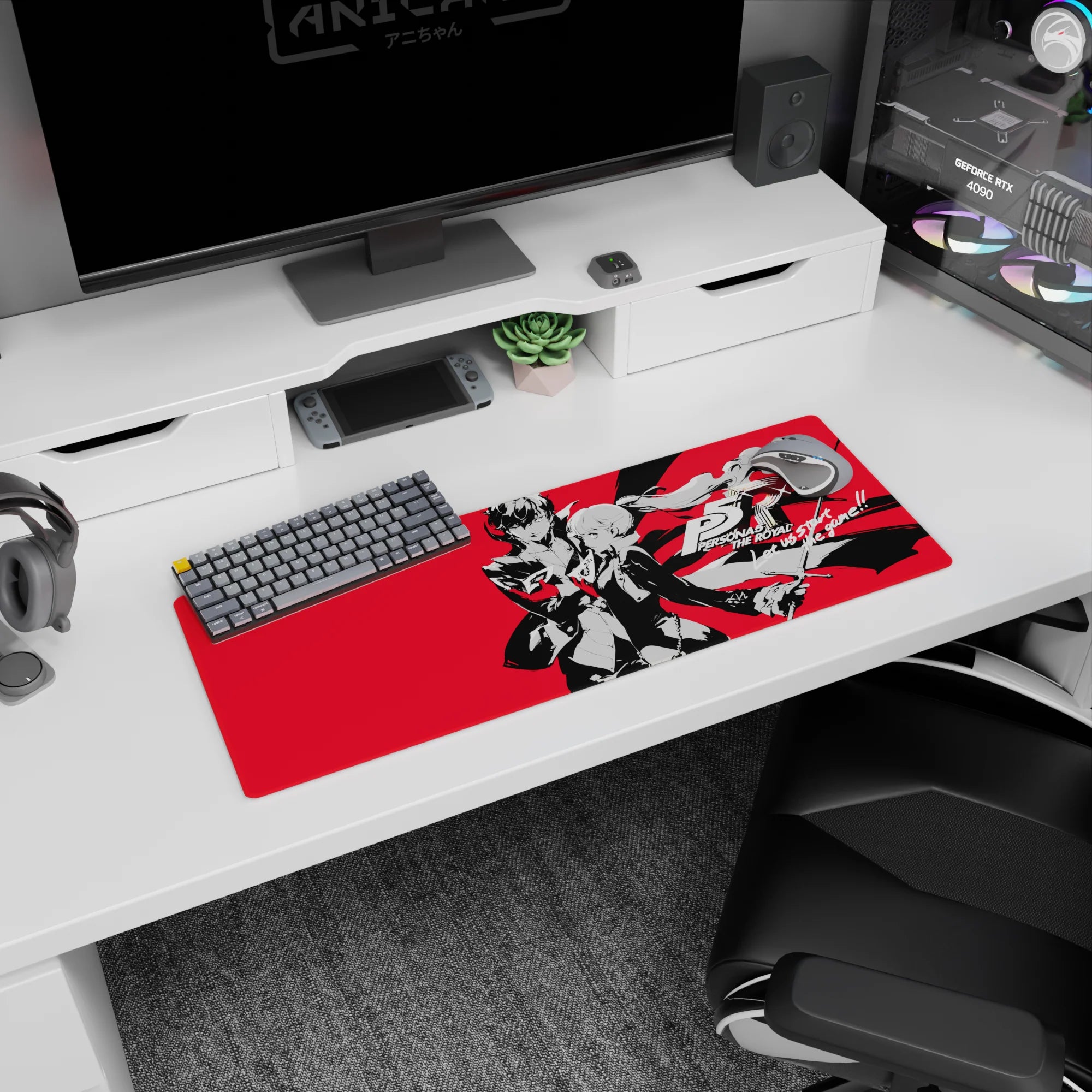 Anime mouse pad 32x12 inches featuring Joker and Kasumi from Persona 5 Royal with bold red background and striking poses.
