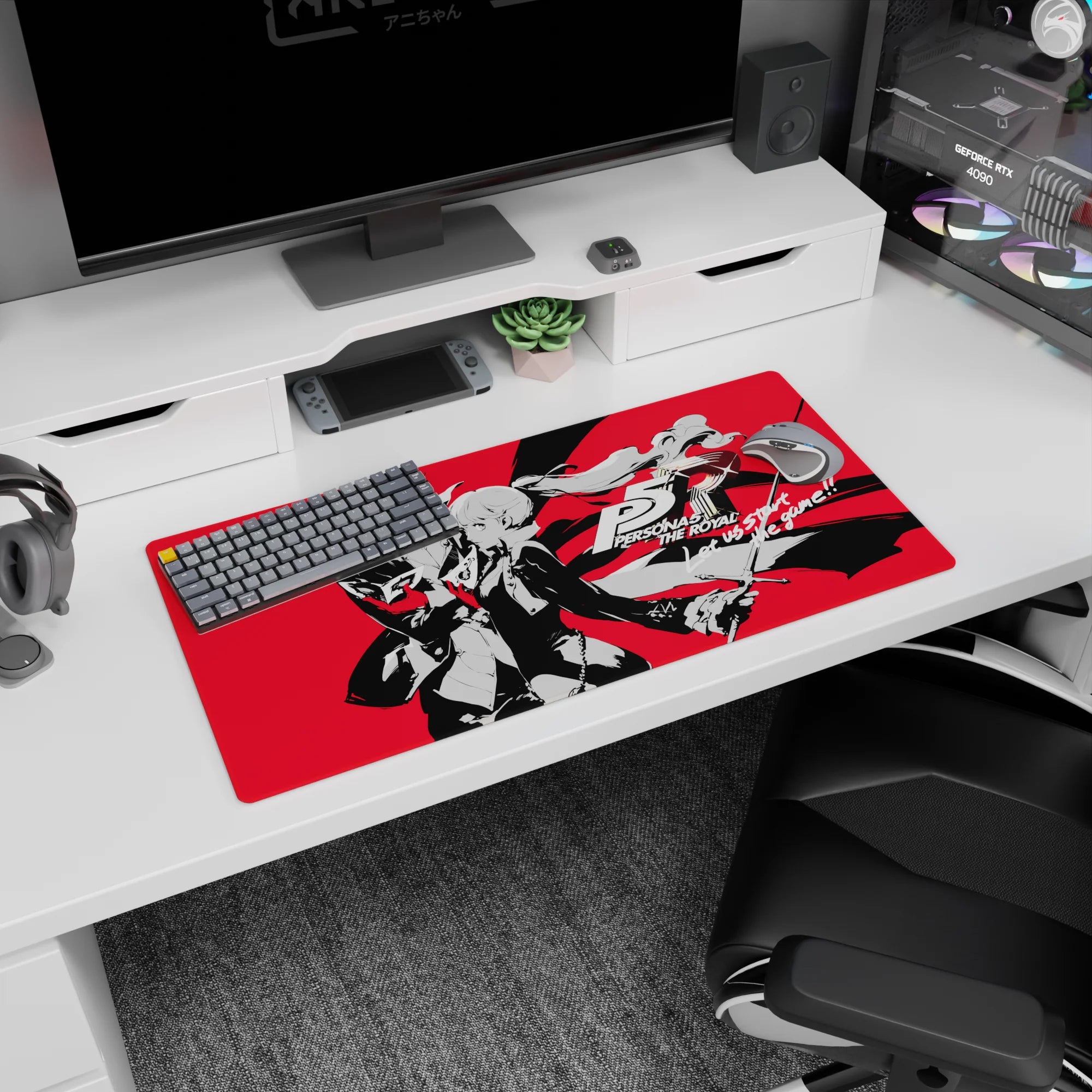 Anime mouse pad featuring Joker and Kasumi from Persona 5 Royal on a bold red background, size 32x16 inches.