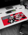 Anime mouse pad featuring Joker and Kasumi from Persona 5 Royal on a bold red background, size 32x16 inches.