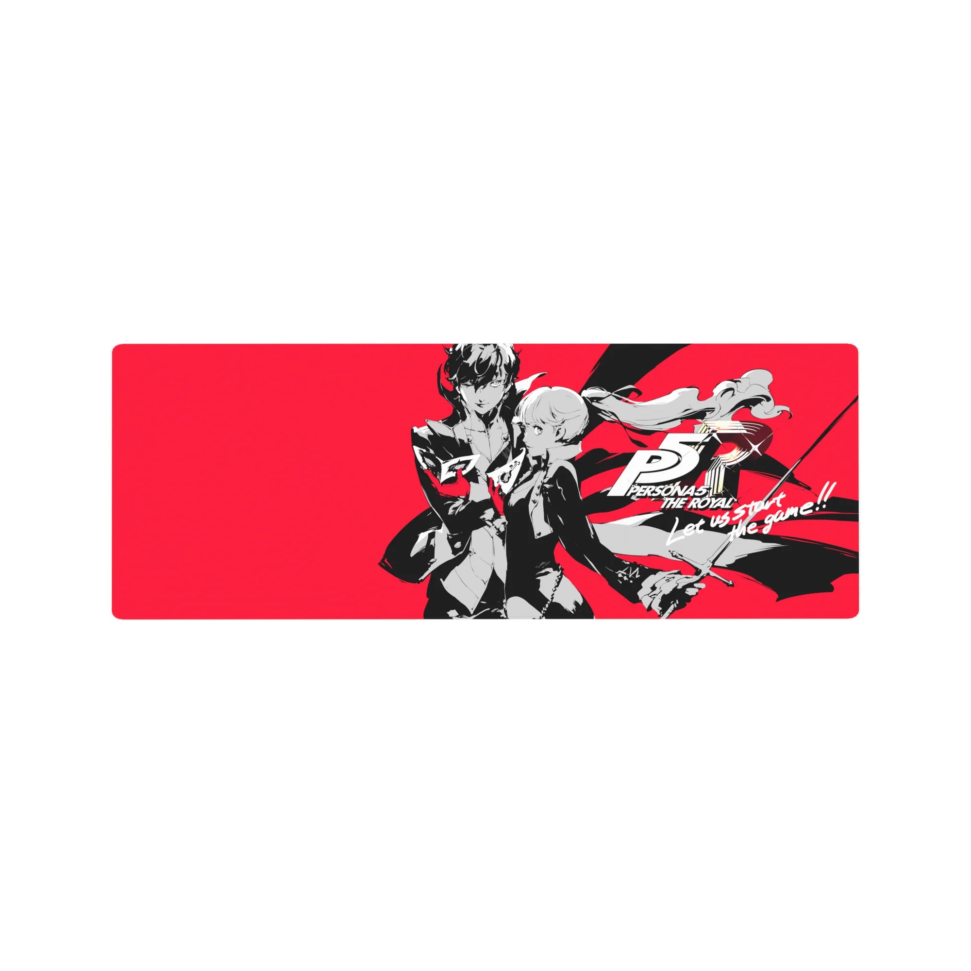 Mouse pad 32x12 inches featuring Joker and Kasumi from Persona 5 Royal with bold red, black, and white design.