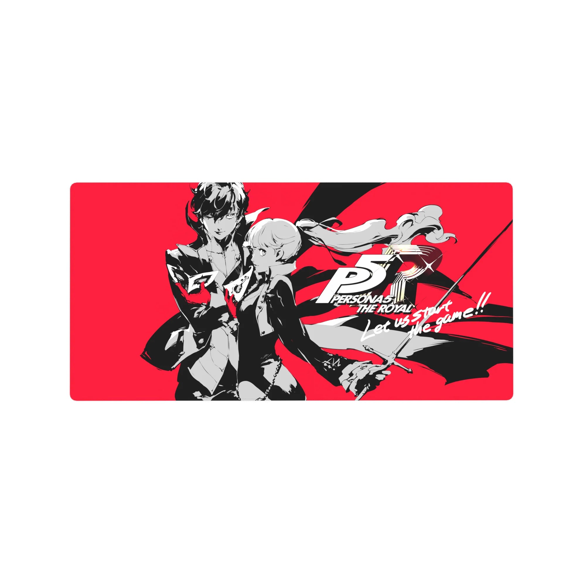 Anime mouse pad 32x16 inches featuring Joker and Kasumi from Persona 5 Royal, vibrant red background, bold design.