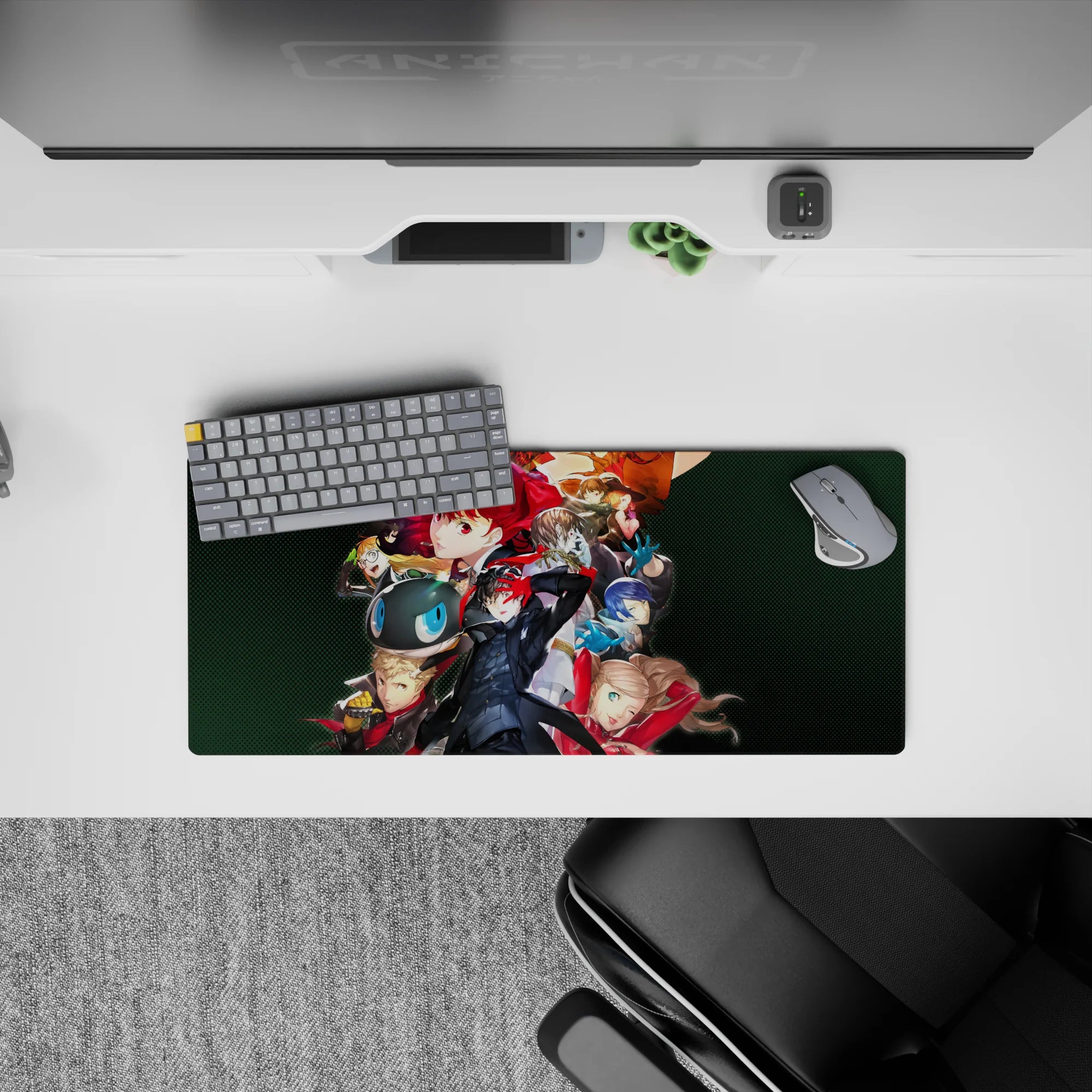 Anime mouse pad featuring Persona 5&#39;s Phantom Thieves, size 28x12 inches, with Joker, Mona, and Kasumi in dynamic poses.