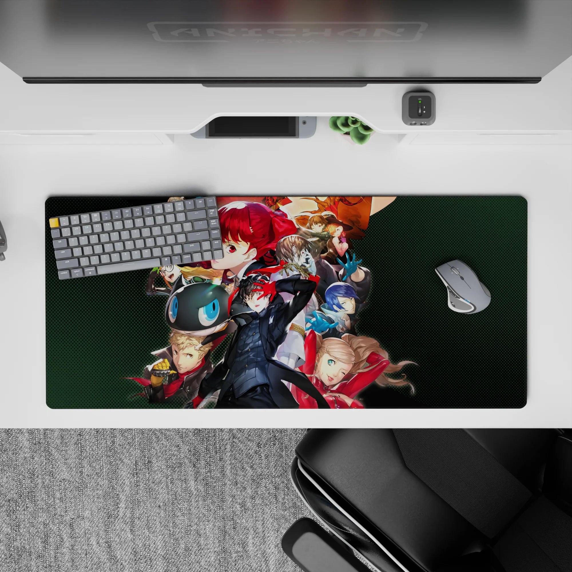 Anime desk pad 36x16 inches featuring Persona 5's Phantom Thieves, Joker, Mona, and Kasumi in vibrant, rebellious poses.