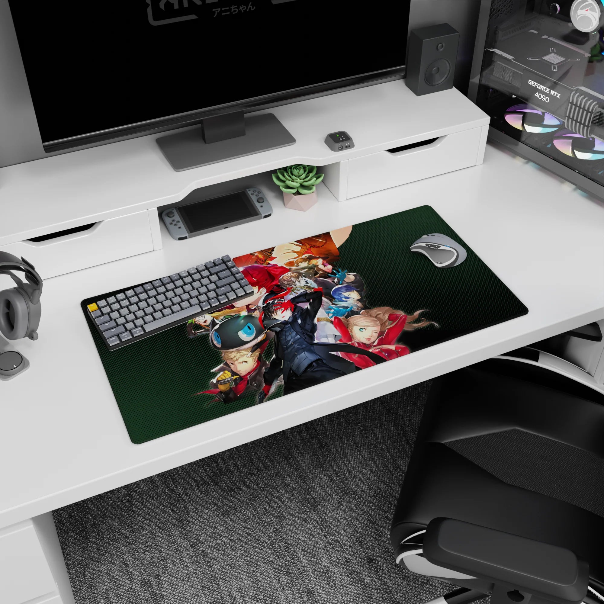 Persona 5 mouse pad featuring Joker, Mona, and Kasumi in dynamic poses, size 32x16 inches. Bold anime colors.