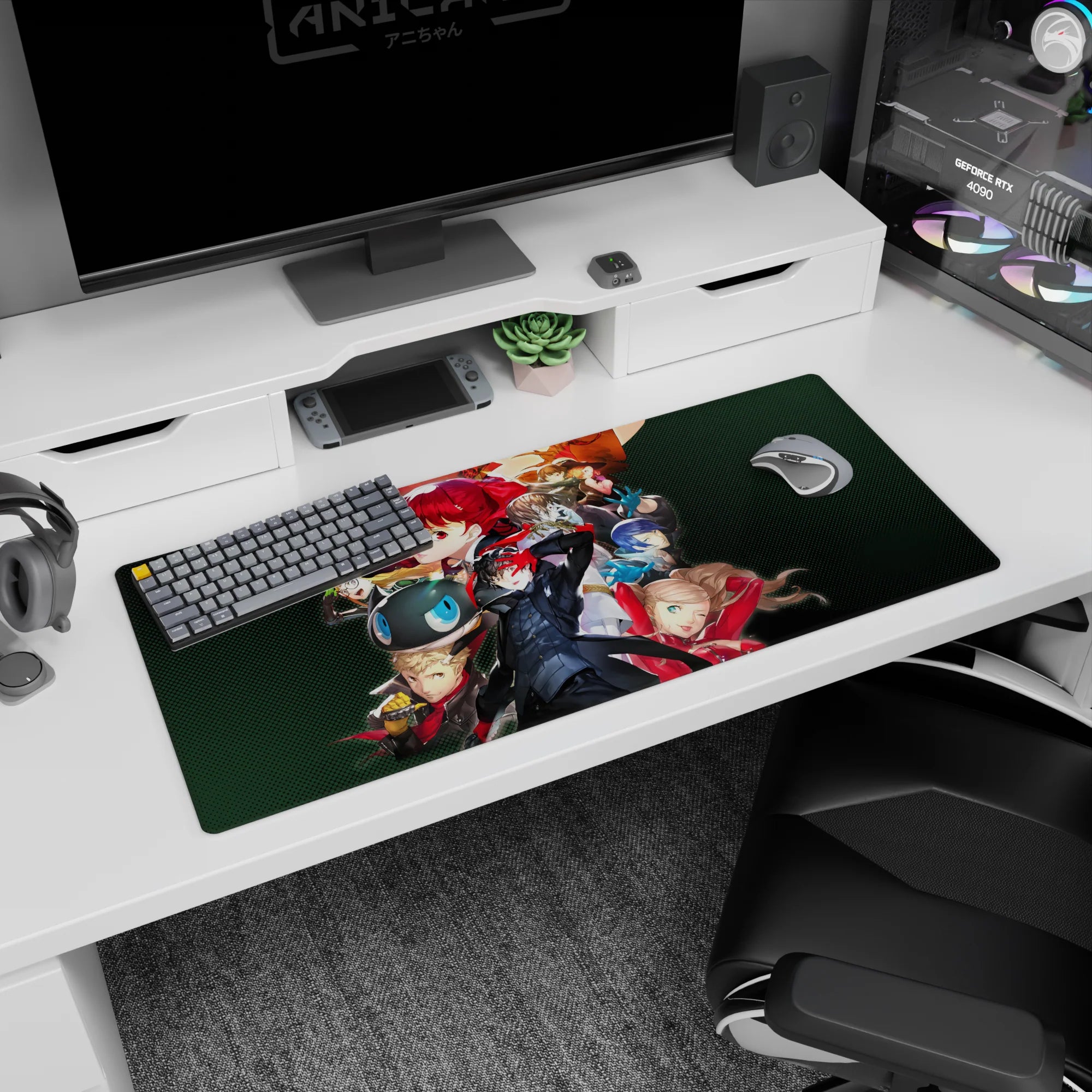 Persona 5 desk pad 36x16 inches featuring Joker, Mona, and Kasumi in dynamic poses, vibrant colors, and rebellious style.