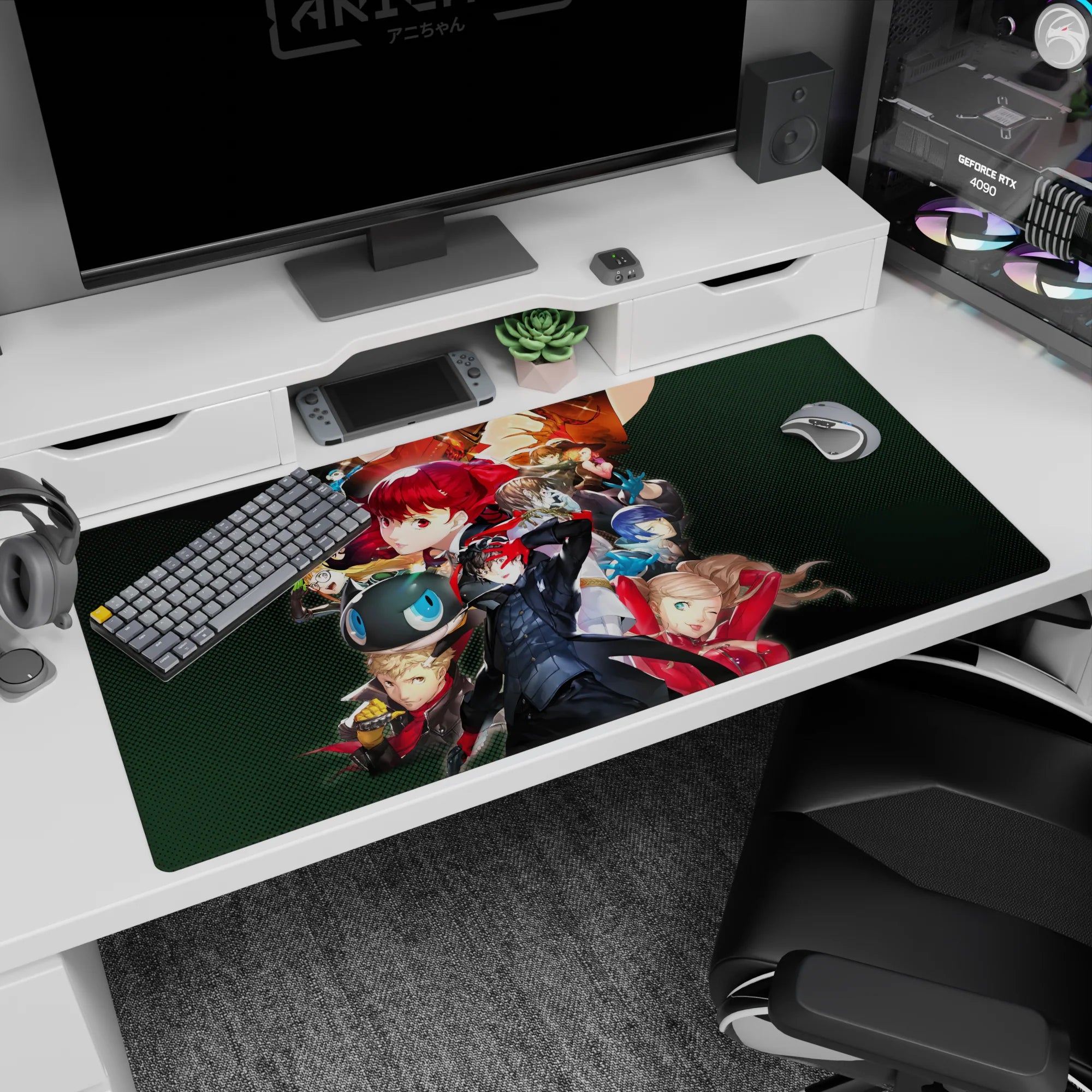 Persona 5 desk pad 40x20 inches featuring Joker, Mona, and Kasumi in dynamic poses with vibrant colors and action-packed energy.