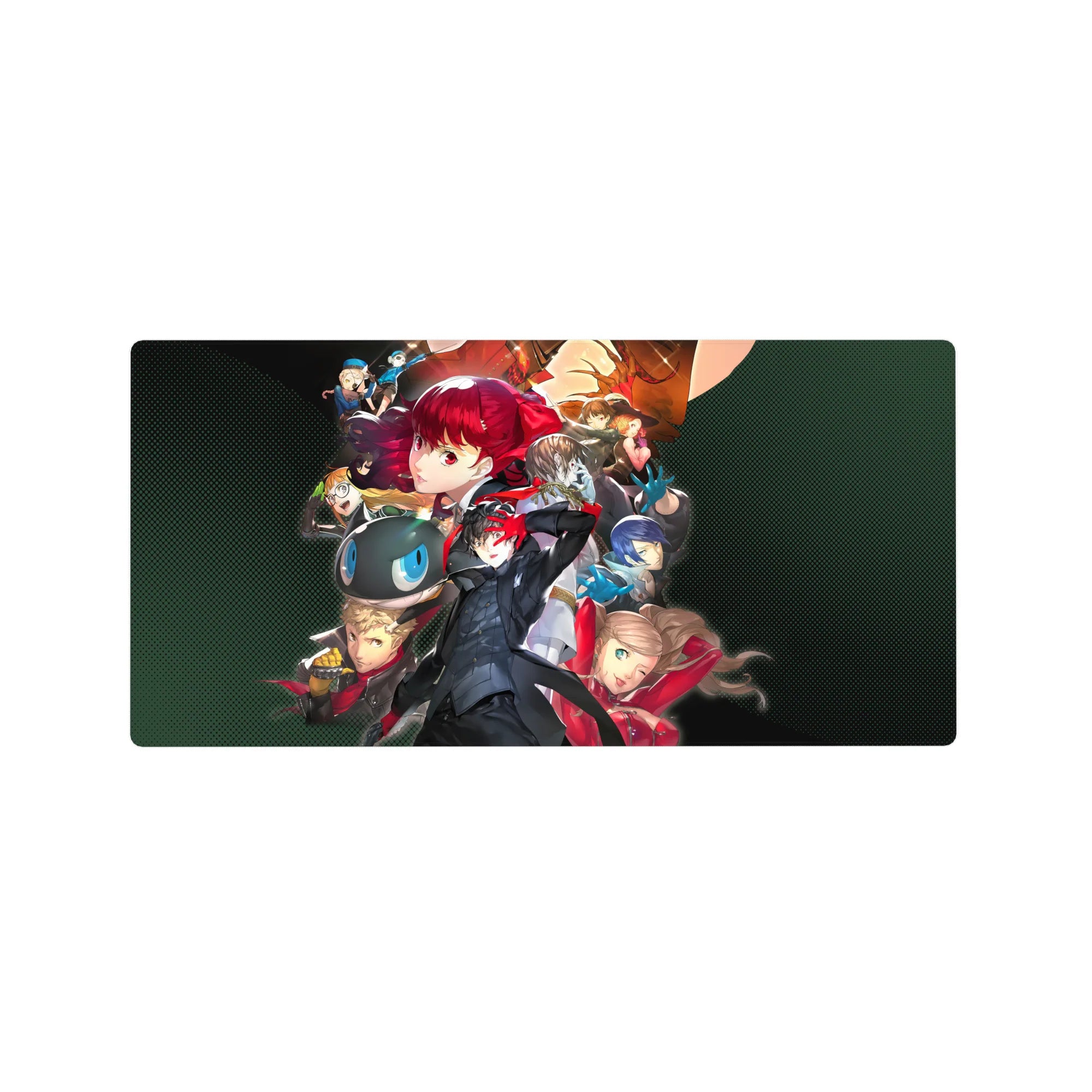 Persona 5 mouse pad 32x16 inches featuring Joker, Mona, and Kasumi with dynamic poses and vibrant color explosions.
