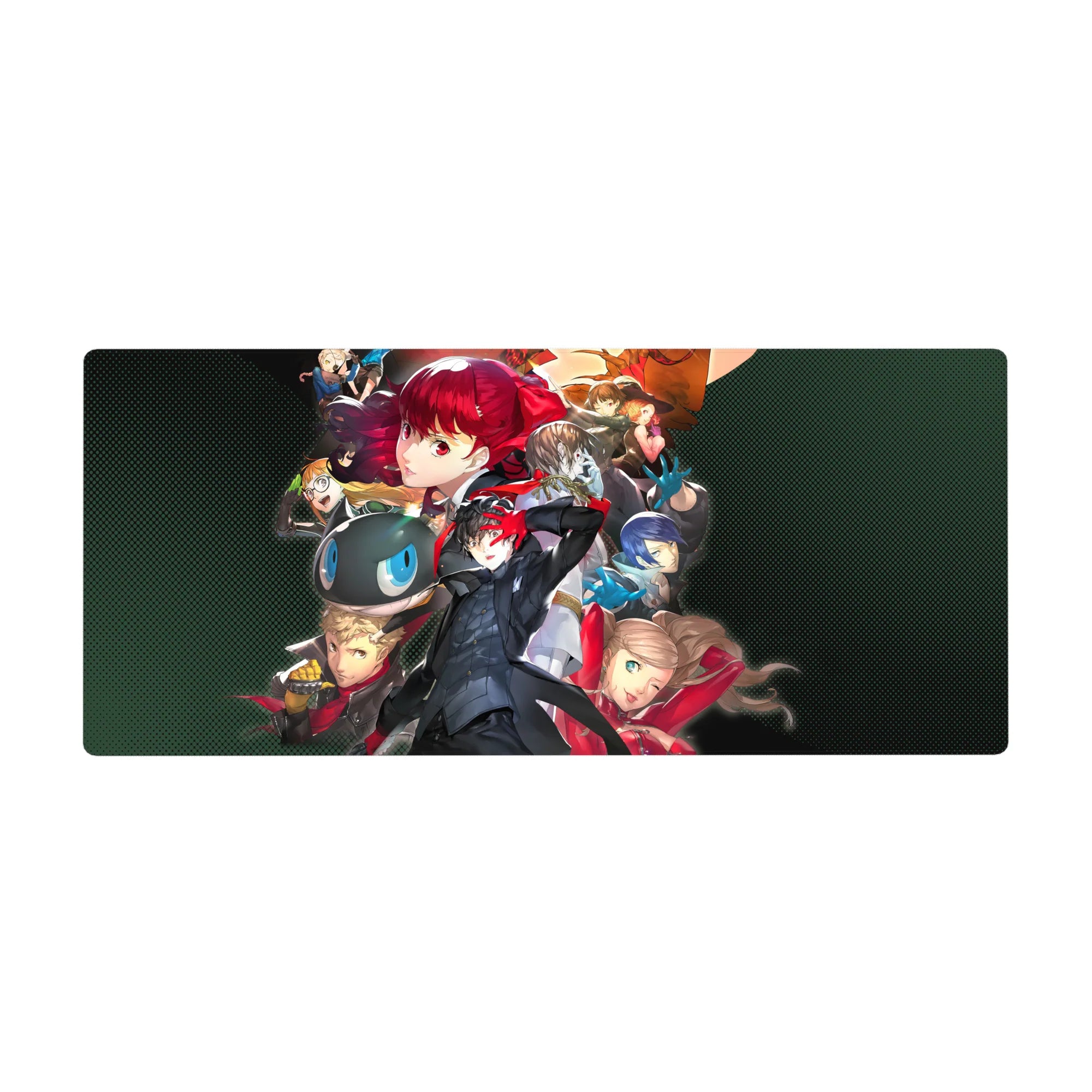 Persona 5 desk pad 36x16 inches featuring Phantom Thieves, Joker in jet-black suit, Mona and Kasumi in dynamic poses.